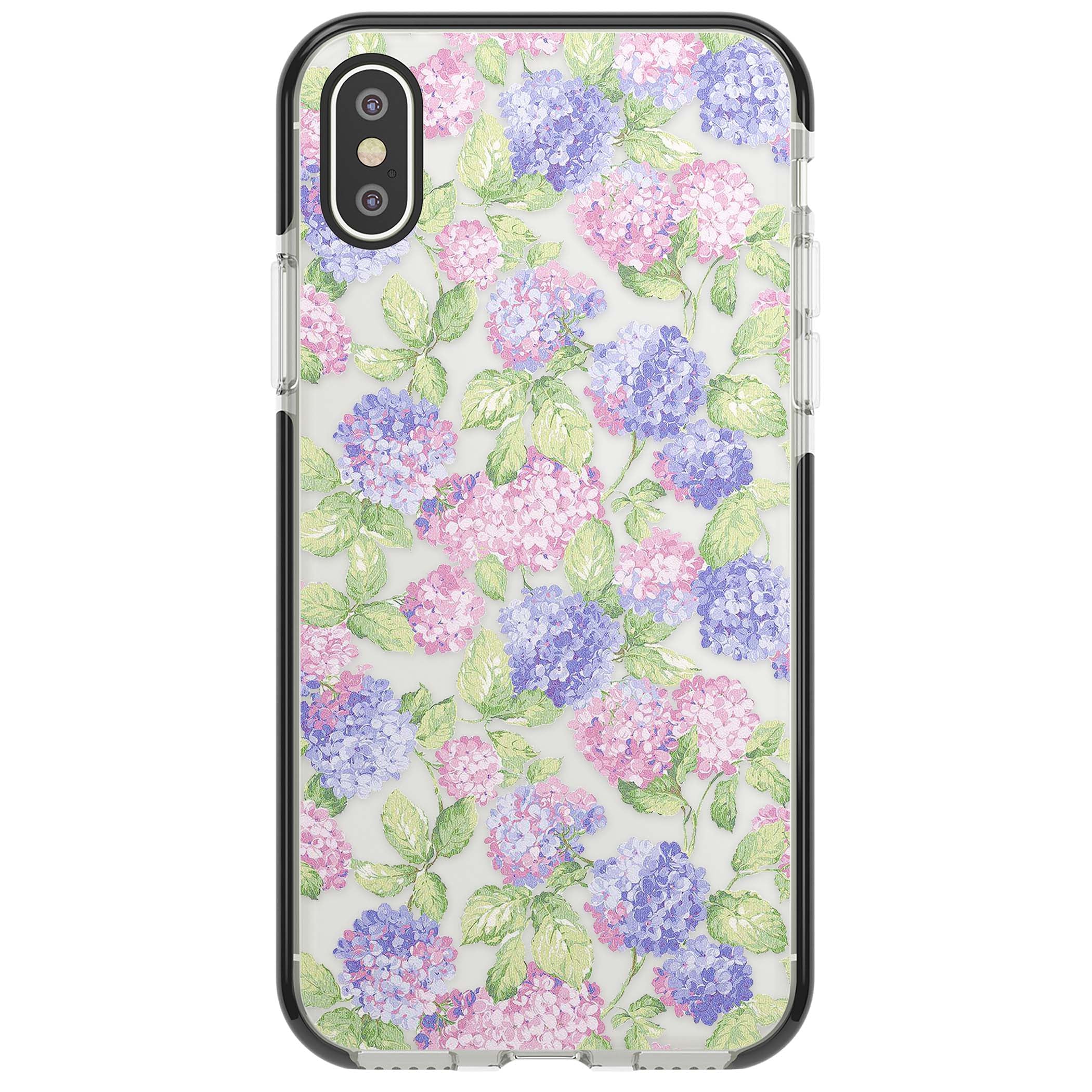 Cottage Hydrangea cottagecore iPhone case featuring pink and purple hydrangea blooms with green leaves on a clear background | Black Impact case for iPhone X, iPhone XS Max, iPhone XR