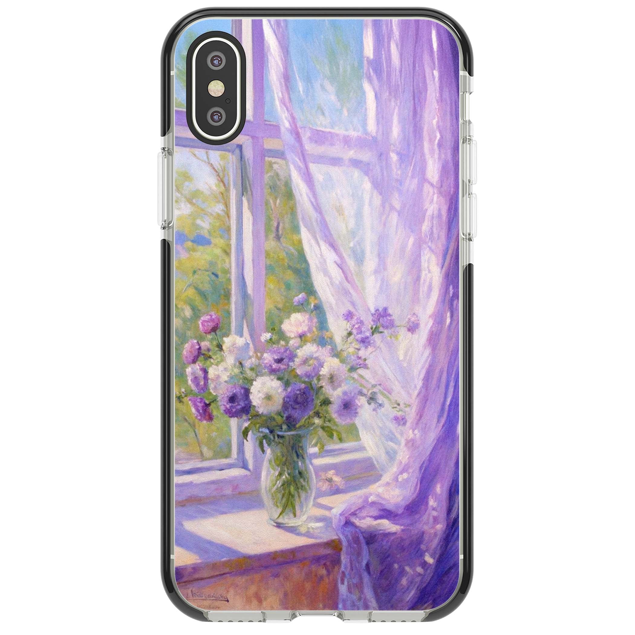 A Provence Morning impressionist art iPhone case featuring a vase of purple flowers, sunlit window and sheer curt | Black Impact case for iPhone X, iPhone XS Max, iPhone XR