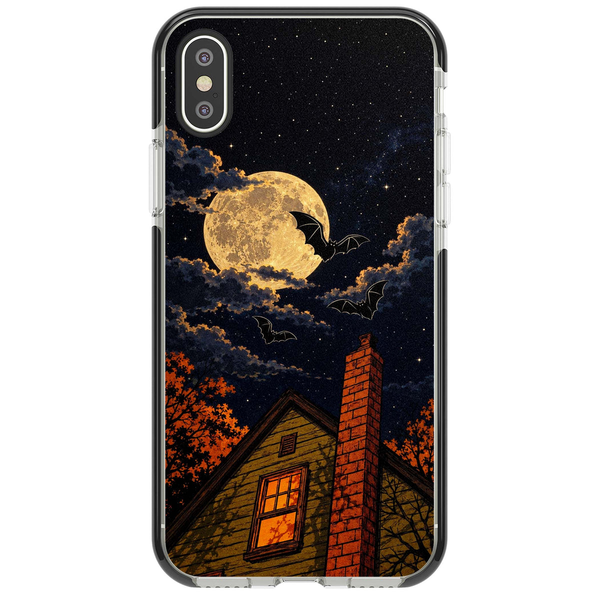 Hollows Eve Halloween iPhone case featuring a haunted house, full moon and flying bats against a starry autumn sky | Black Impact case for iPhone X, iPhone XS Max, iPhone XR