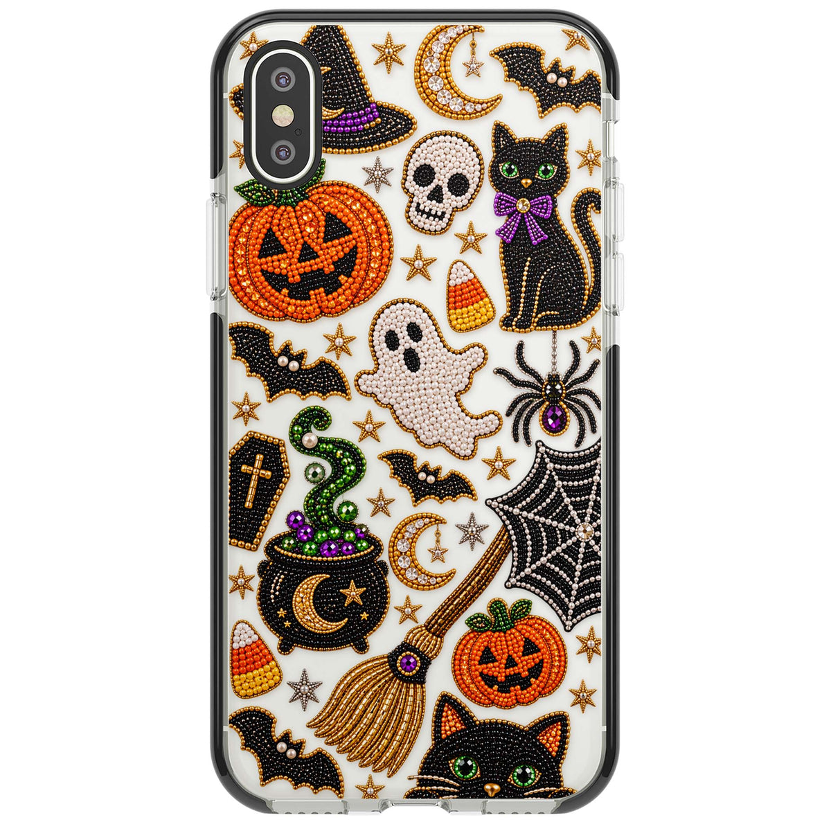 Beaded Halloween Halloween iPhone case featuring beaded pumpkins, ghosts, black cats and bats | Black Impact case for iPhone X, iPhone XS Max, iPhone XR