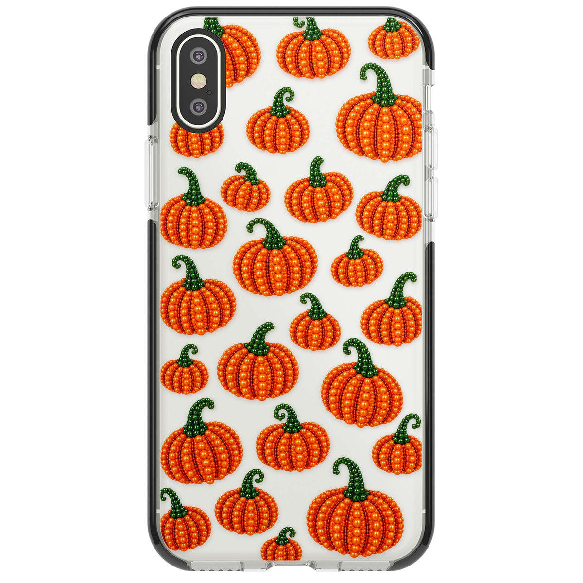 Beaded Pumpkins halloween iPhone case featuring beaded orange pumpkins with green stems on a clear background | Black Impact case for iPhone X, iPhone XS Max, iPhone XR