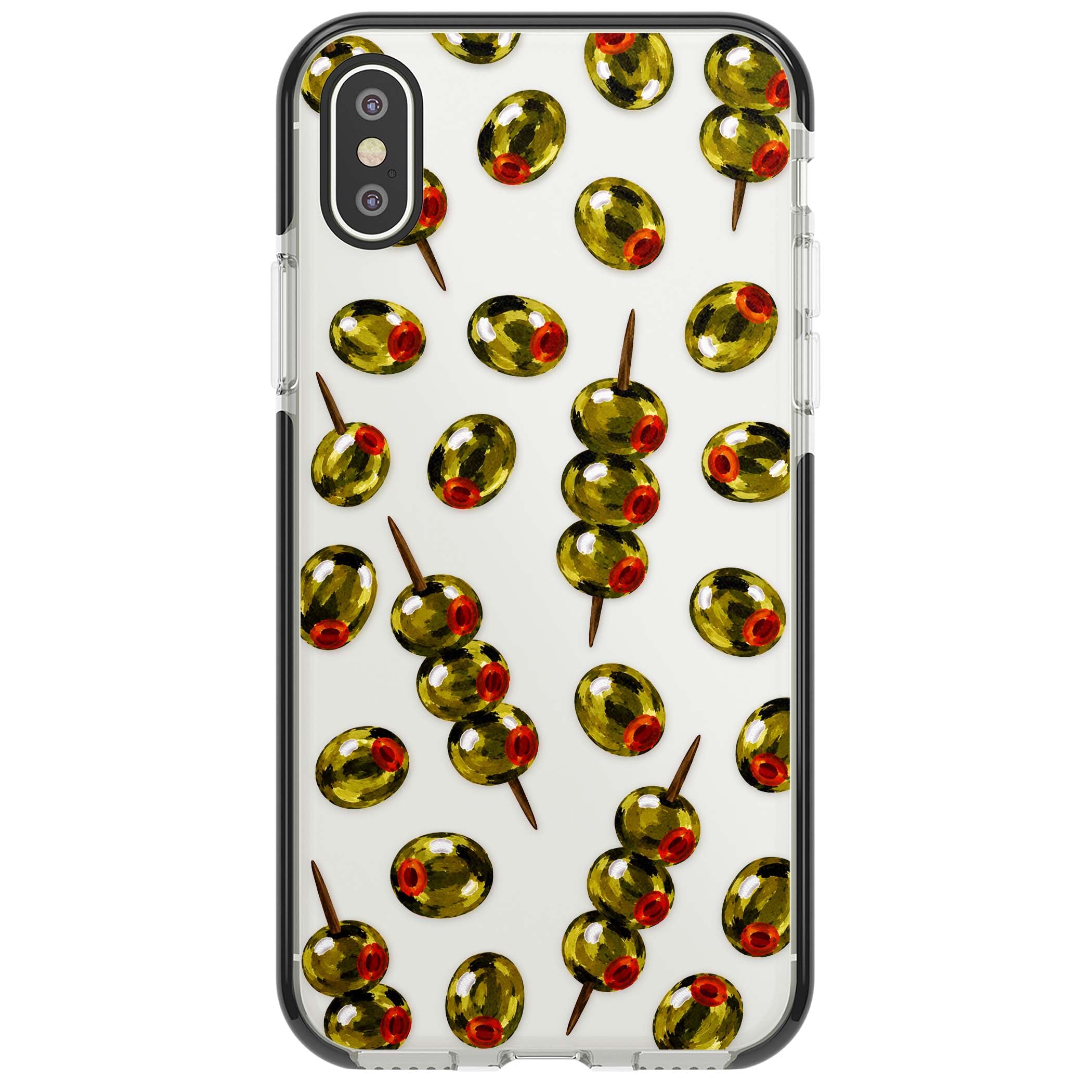 Painted Olives cocktail iPhone case featuring green olives, pimento centres and toothpick skewers on a clear background | Black Impact case for iPhone X, iPhone XS Max, iPhone XR