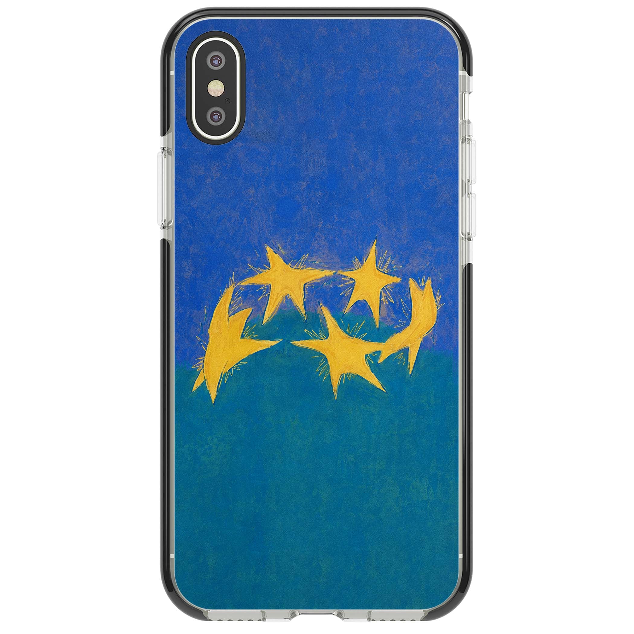 Star Boogie stars aesthetic iPhone case featuring five yellow hand-painted stars on cobalt blue and teal | Black Impact case for iPhone X, iPhone XS Max, iPhone XR
