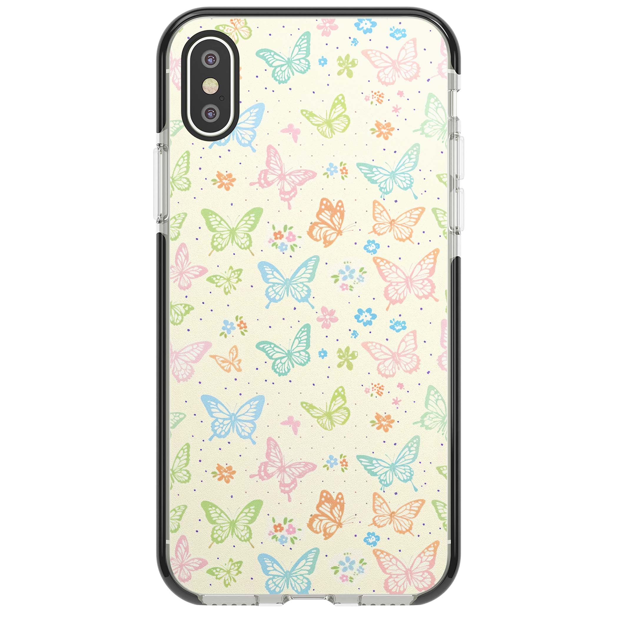 Sugar Wings cottagecore iPhone case featuring rainbow pastel butterflies, tiny wildflowers, and a cream background | Black Impact case for iPhone X, iPhone XS Max, iPhone XR