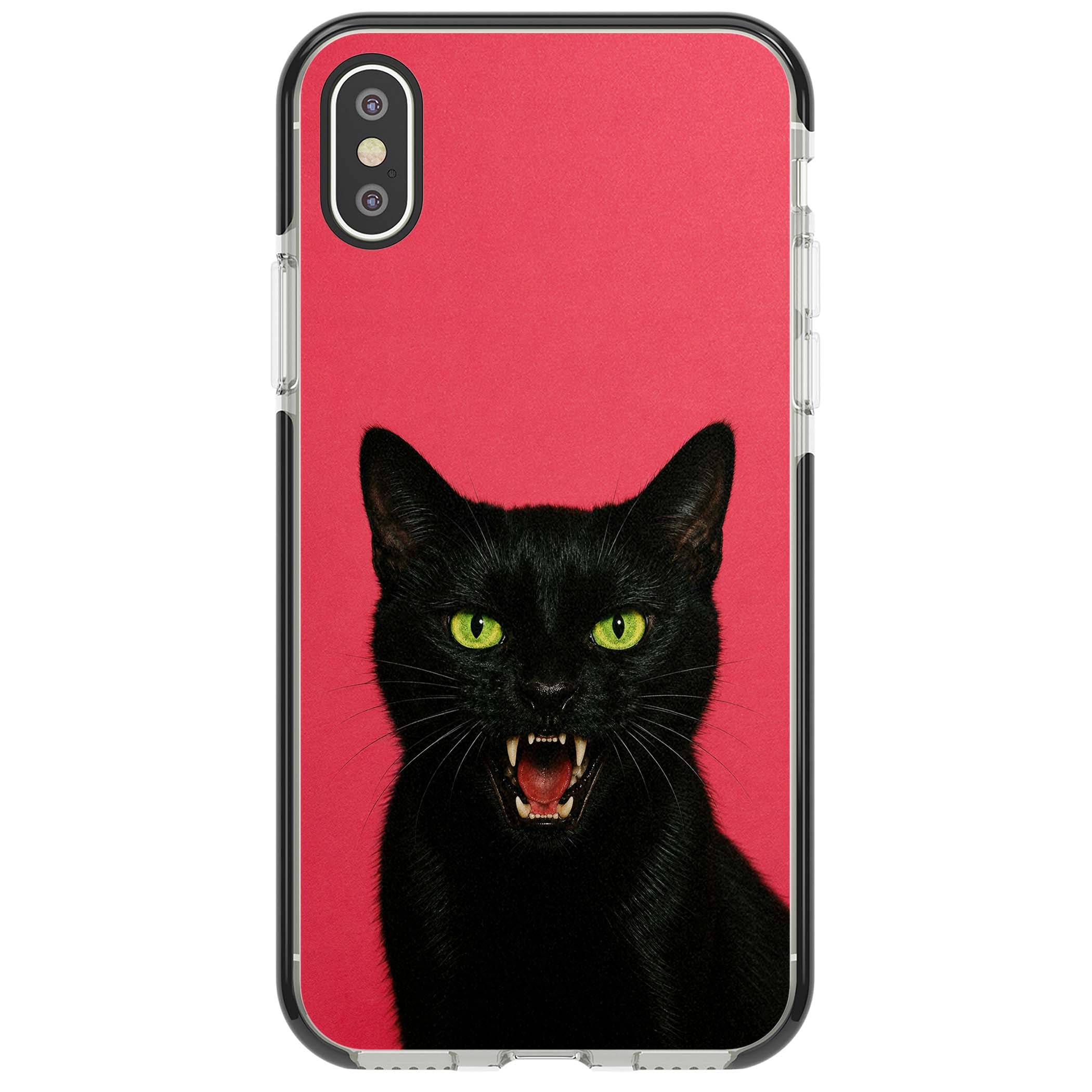 Hissin' Baddie black cat iPhone case featuring a hissing feline with green eyes on a hot pink background | Black Impact case for iPhone X, iPhone XS Max, iPhone XR