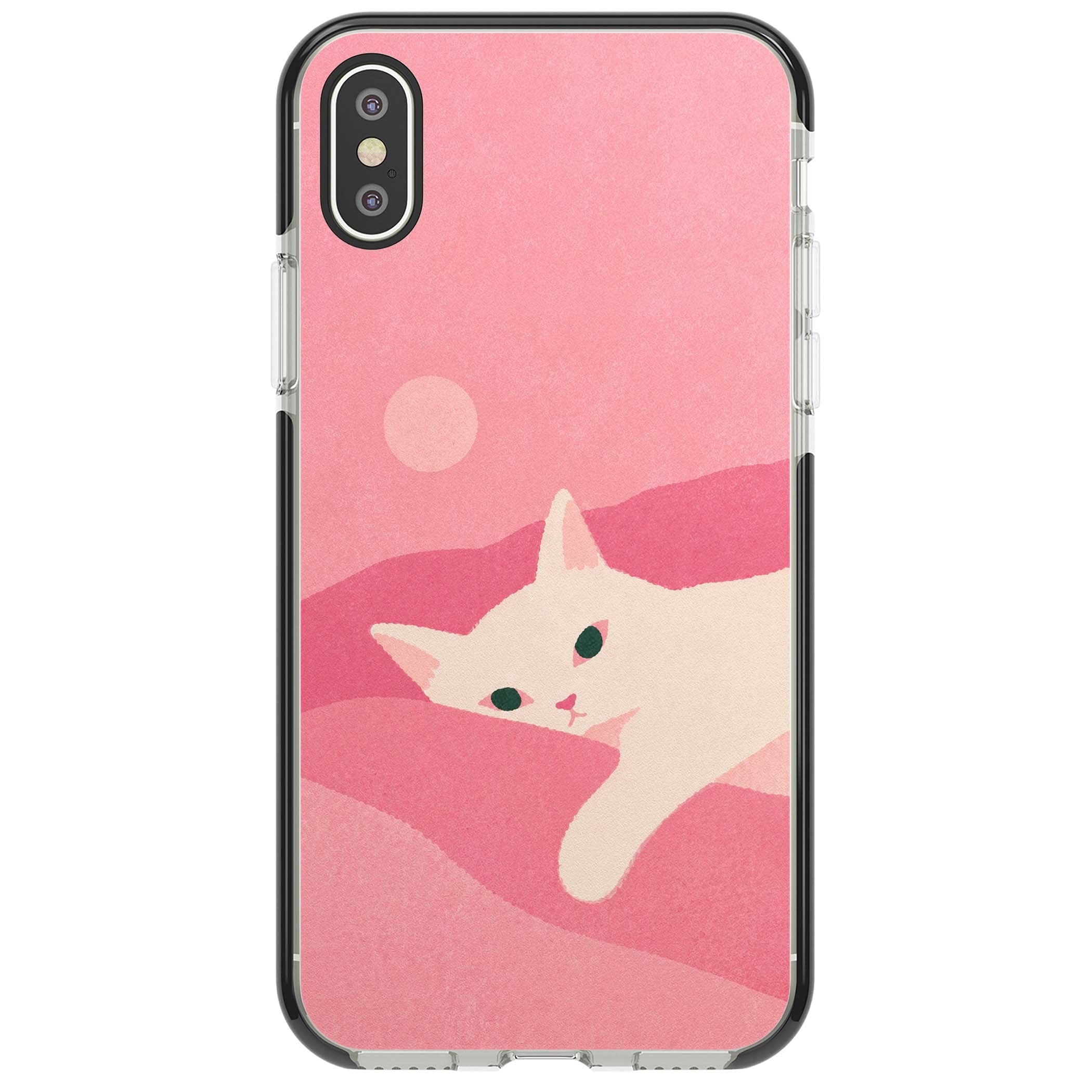 Pink Dreams cute cat iPhone case featuring a white kitten, soft pink hills and a pale pastel sun | Black Impact case for iPhone X, iPhone XS Max, iPhone XR