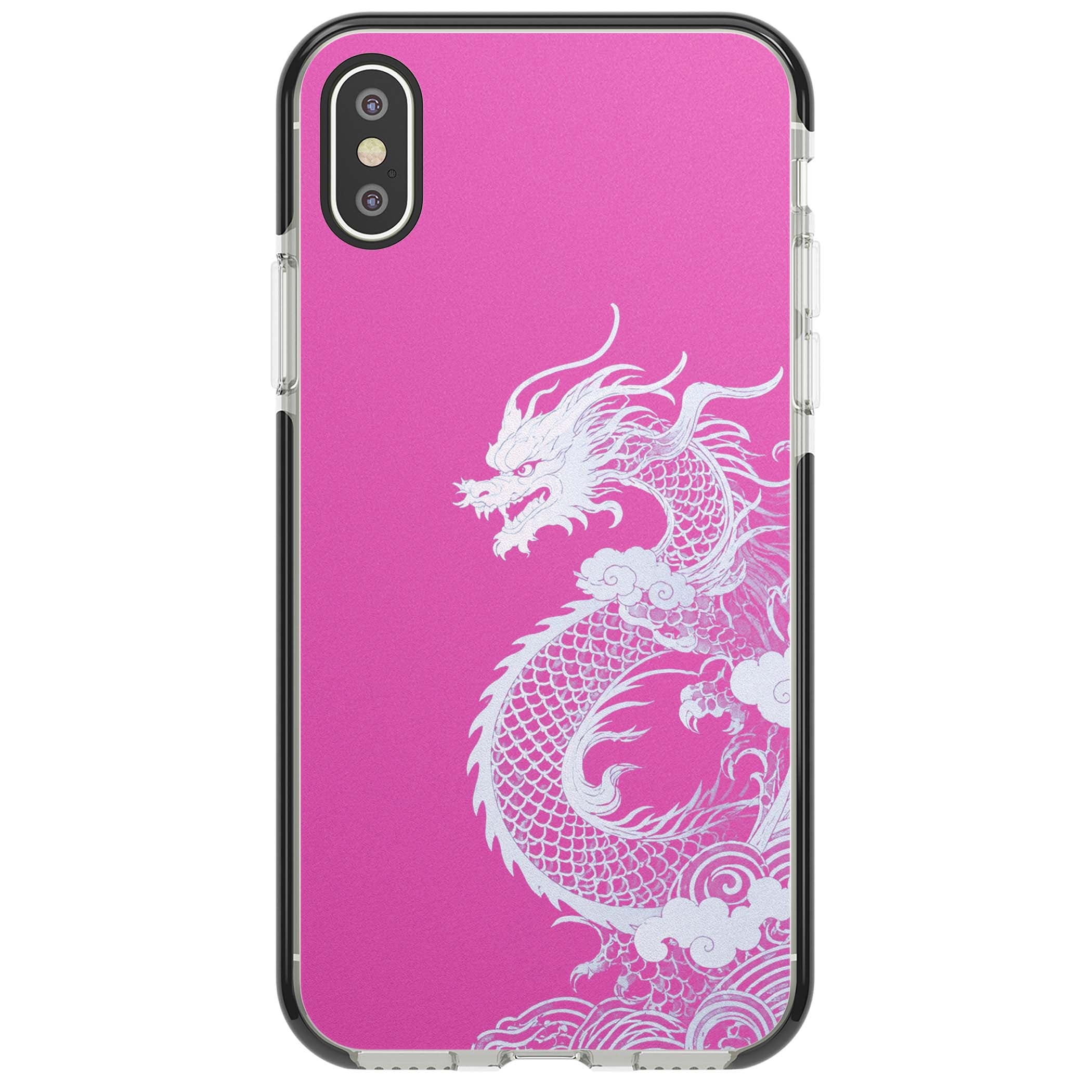 Pink Empress chinese dragon iPhone case featuring a white dragon, swirling clouds and pink dragon wallpaper backdrop | Black Impact case for iPhone X, iPhone XS Max, iPhone XR
