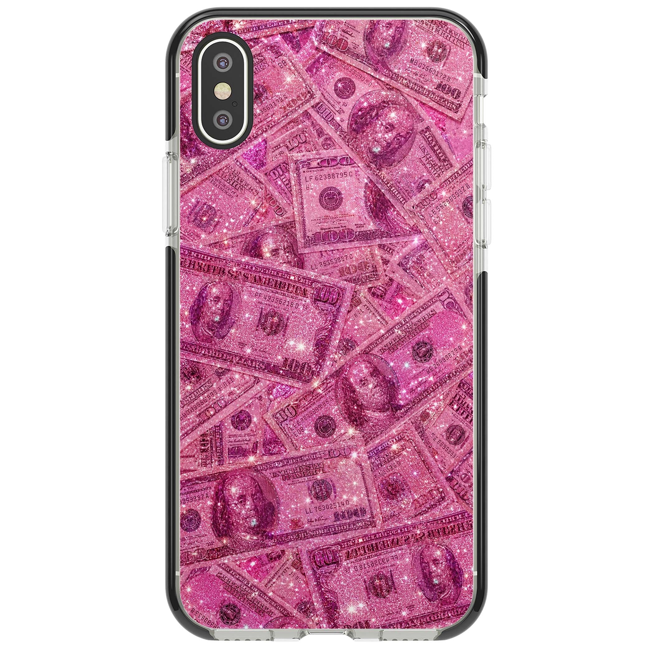 Glamorous baddie iPhone case featuring pink glitter hundred dollar bills and sparkling money wallpaper design | Black Impact case for iPhone X, iPhone XS Max, iPhone XR