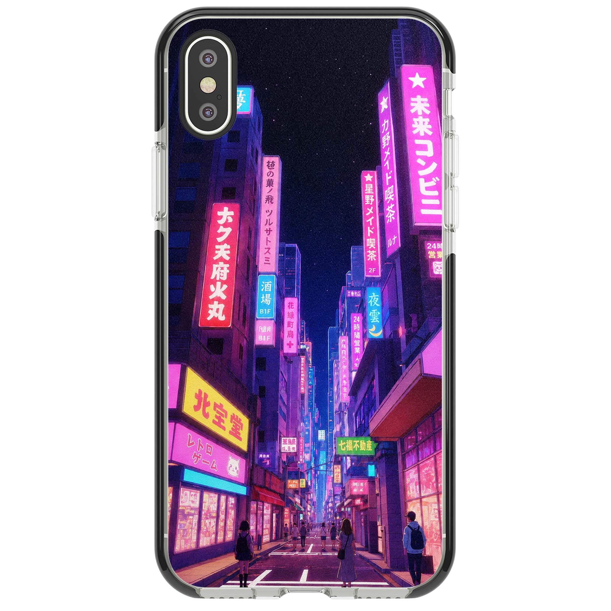 Shibuya At Night Japanese neon city iPhone case featuring glowing kanji signs, pink storefronts and a Tokyo street at n | Black Impact case for iPhone X, iPhone XS Max, iPhone XR