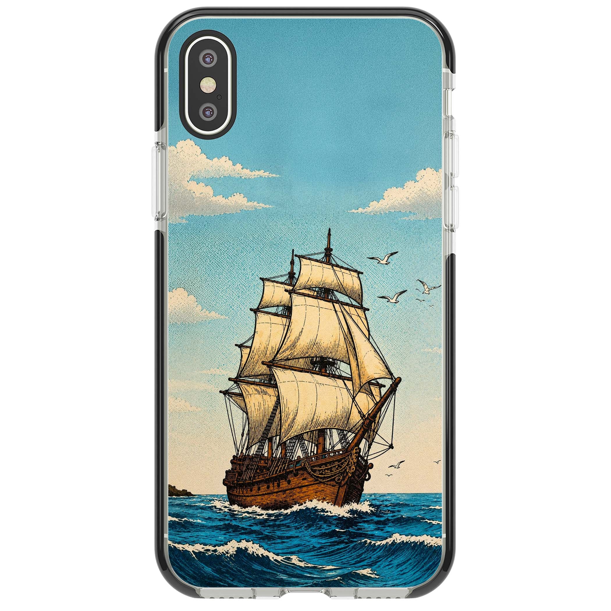 Ship at Sea nautical iPhone case featuring a vintage tall ship, ocean waves and seagulls | Black Impact case for iPhone X, iPhone XS Max, iPhone XR