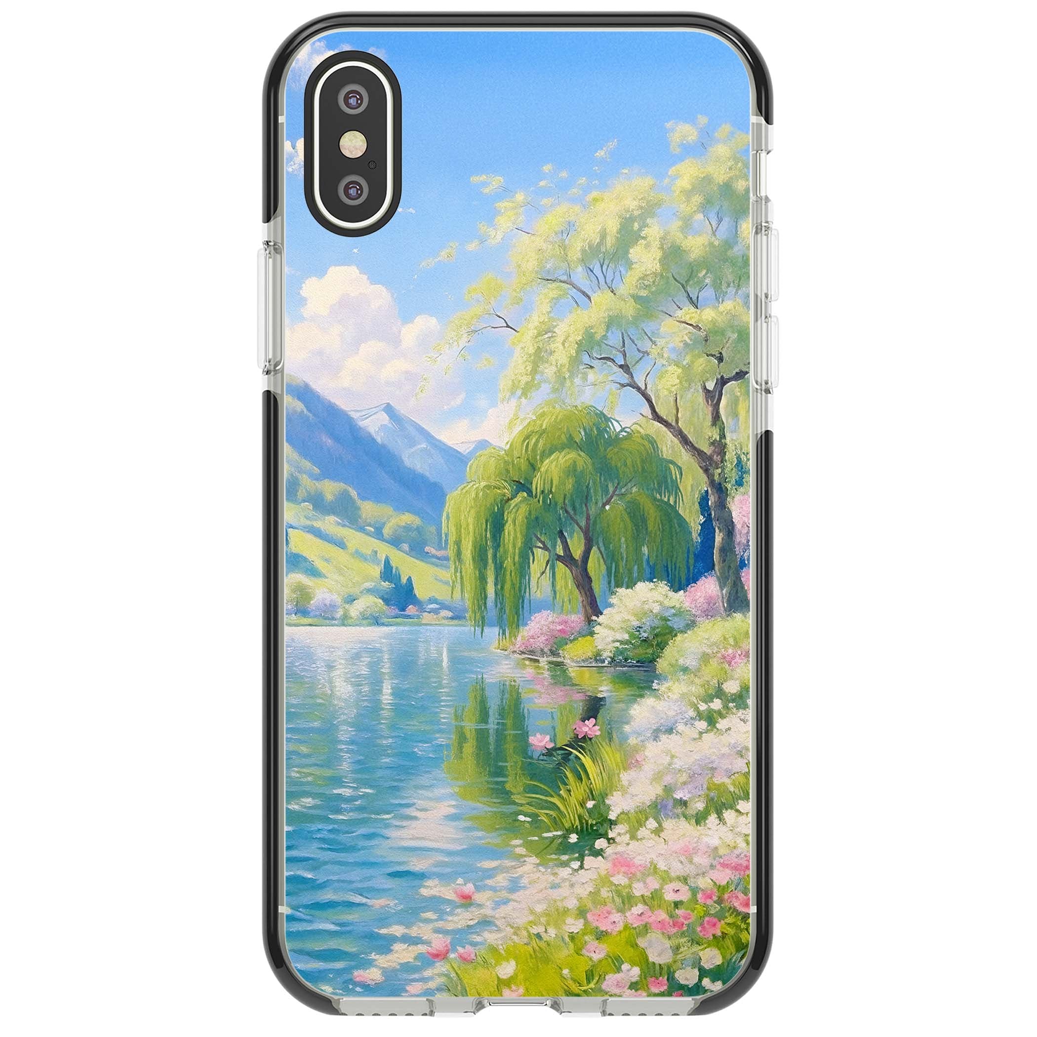 Willow Lake cottagecore iPhone case featuring a painted lakeside with weeping willow, blossoms and distant mountains | Black Impact case for iPhone X, iPhone XS Max, iPhone XR