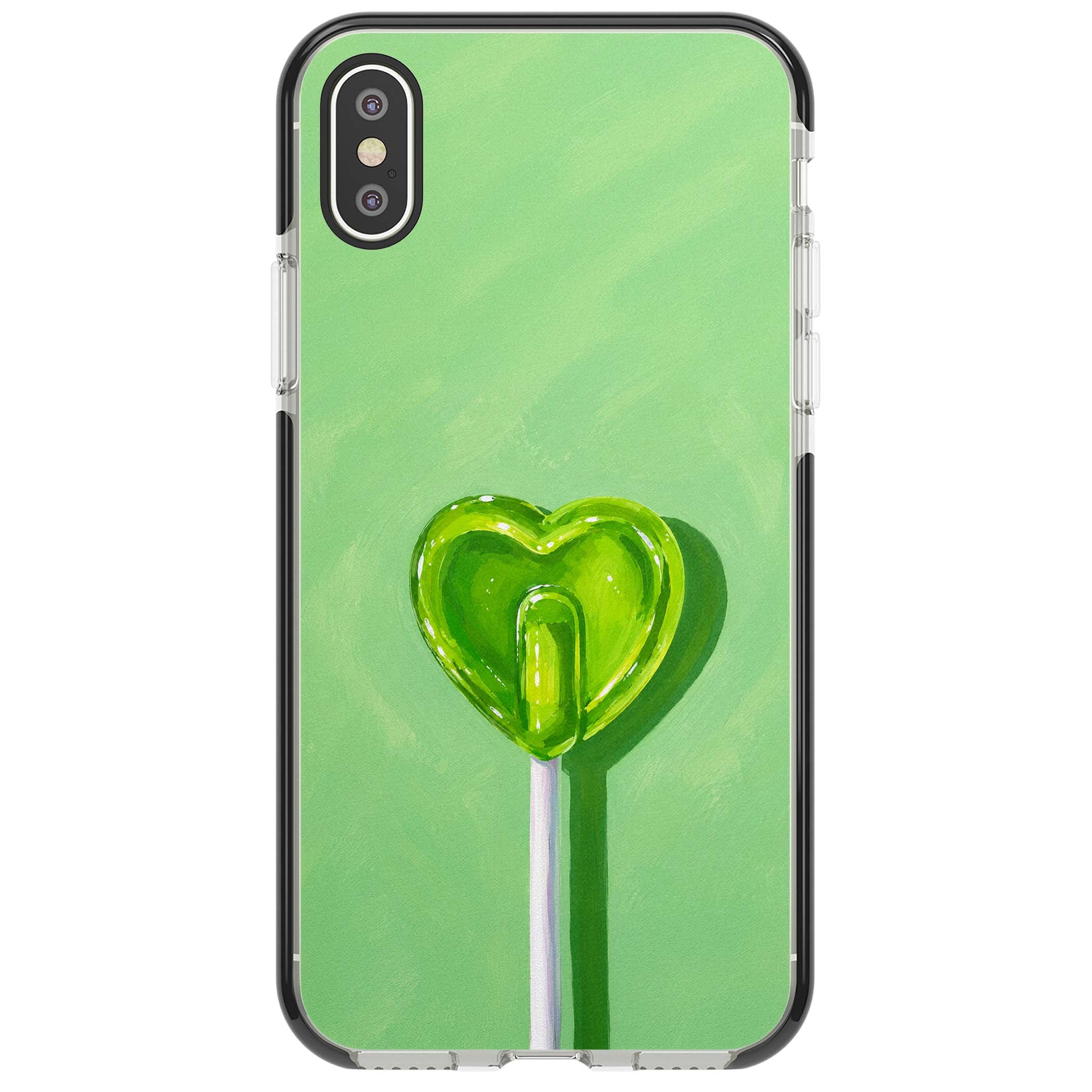Green Lollipop candy art iPhone case featuring a glossy green heart-shaped lollipop on a painted pastel green background | Black Impact case for iPhone X, iPhone XS Max, iPhone XR