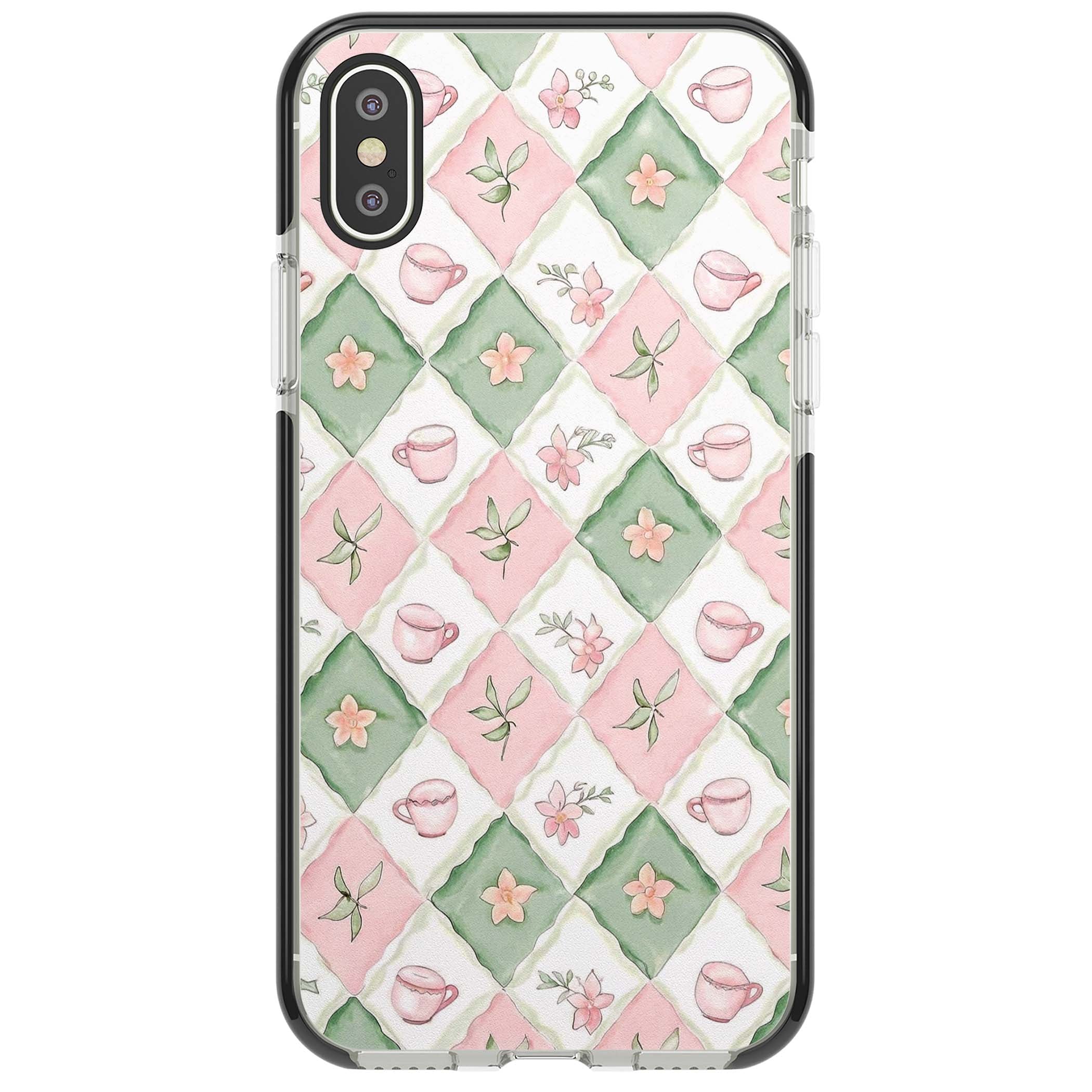 Garden Tea Party coquette iPhone case with pink and green checkered pattern, watercolour teacups and wildflowers | Black Impact case for iPhone X, iPhone XS Max, iPhone XR