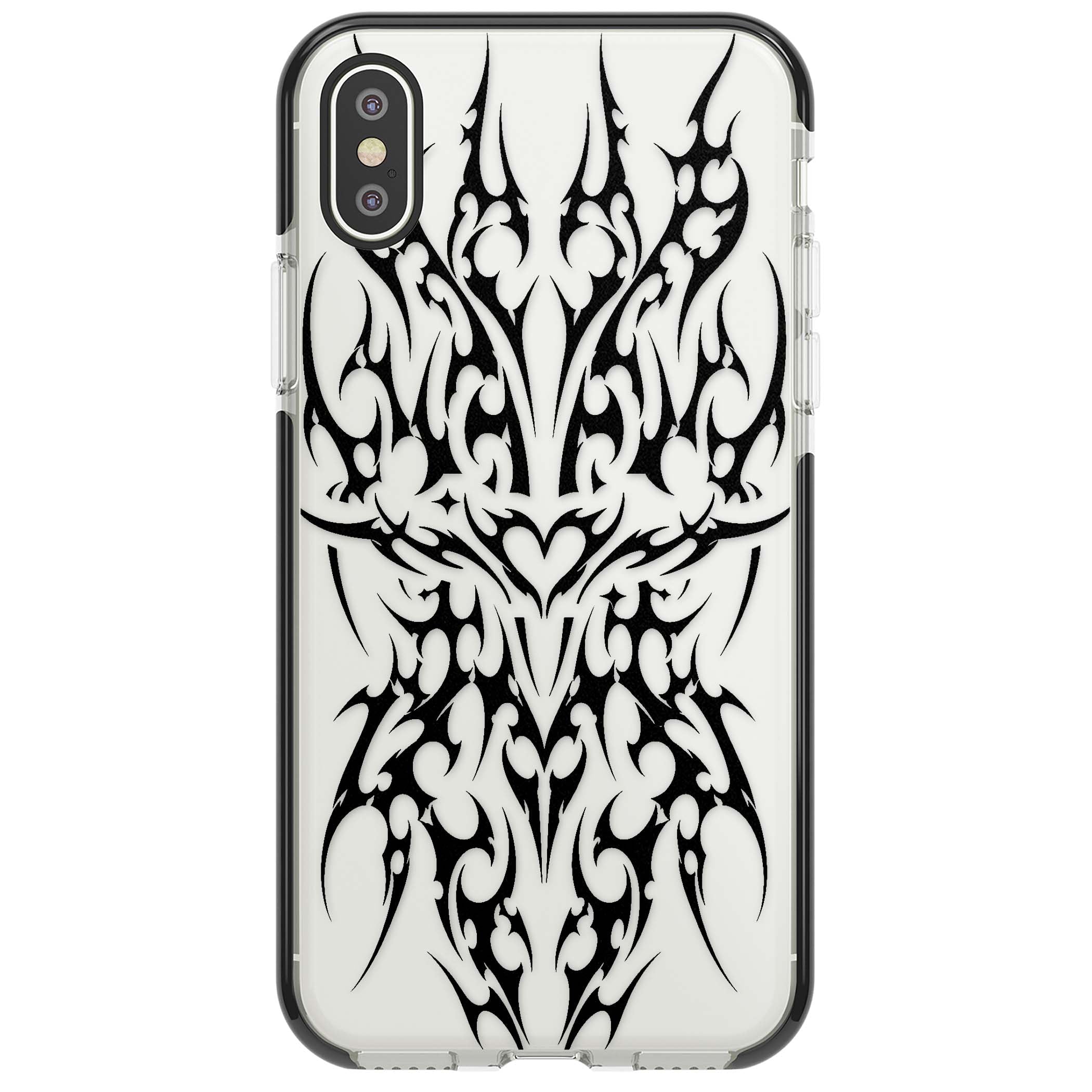 Neo Tribal Heart gothic iPhone case featuring symmetrical black tribal tattoo art with sharp thorn-like linework | Black Impact case for iPhone X, iPhone XS Max, iPhone XR