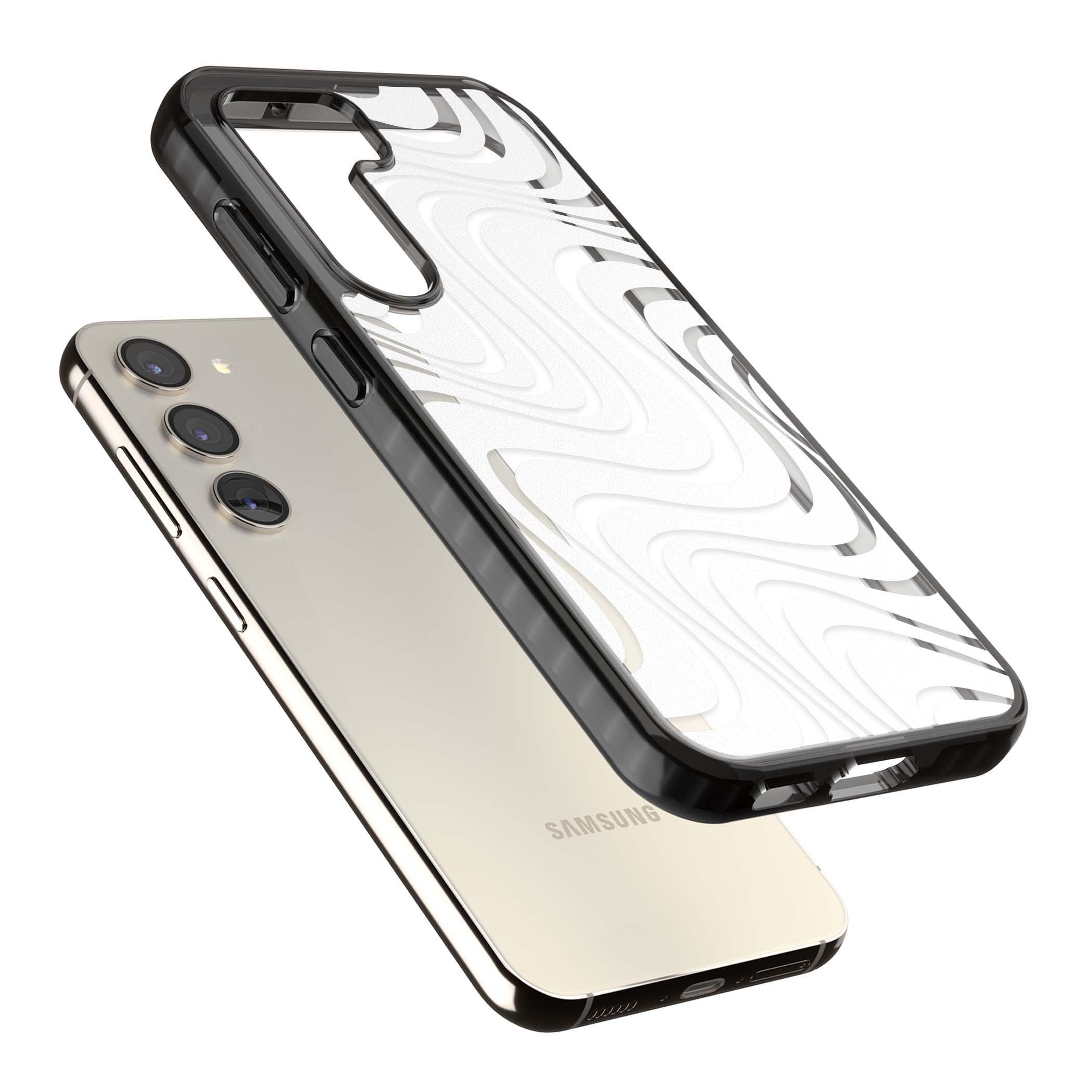 White Abstract Waves abstract iPhone case featuring flowing grey wave pattern on clear background | Black Impact case for Samsung Galaxy S24, Samsung Galaxy S23, Samsung Galaxy S22