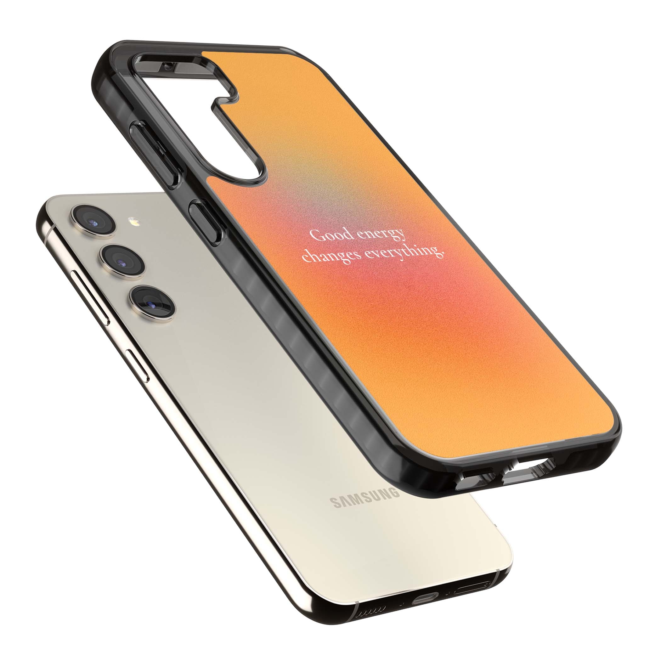 Good Energy quote iPhone case featuring an orange and pink aura gradient with white serif affirmation text | Black Impact case for Samsung Galaxy S24, Samsung Galaxy S23, Samsung Galaxy S22
