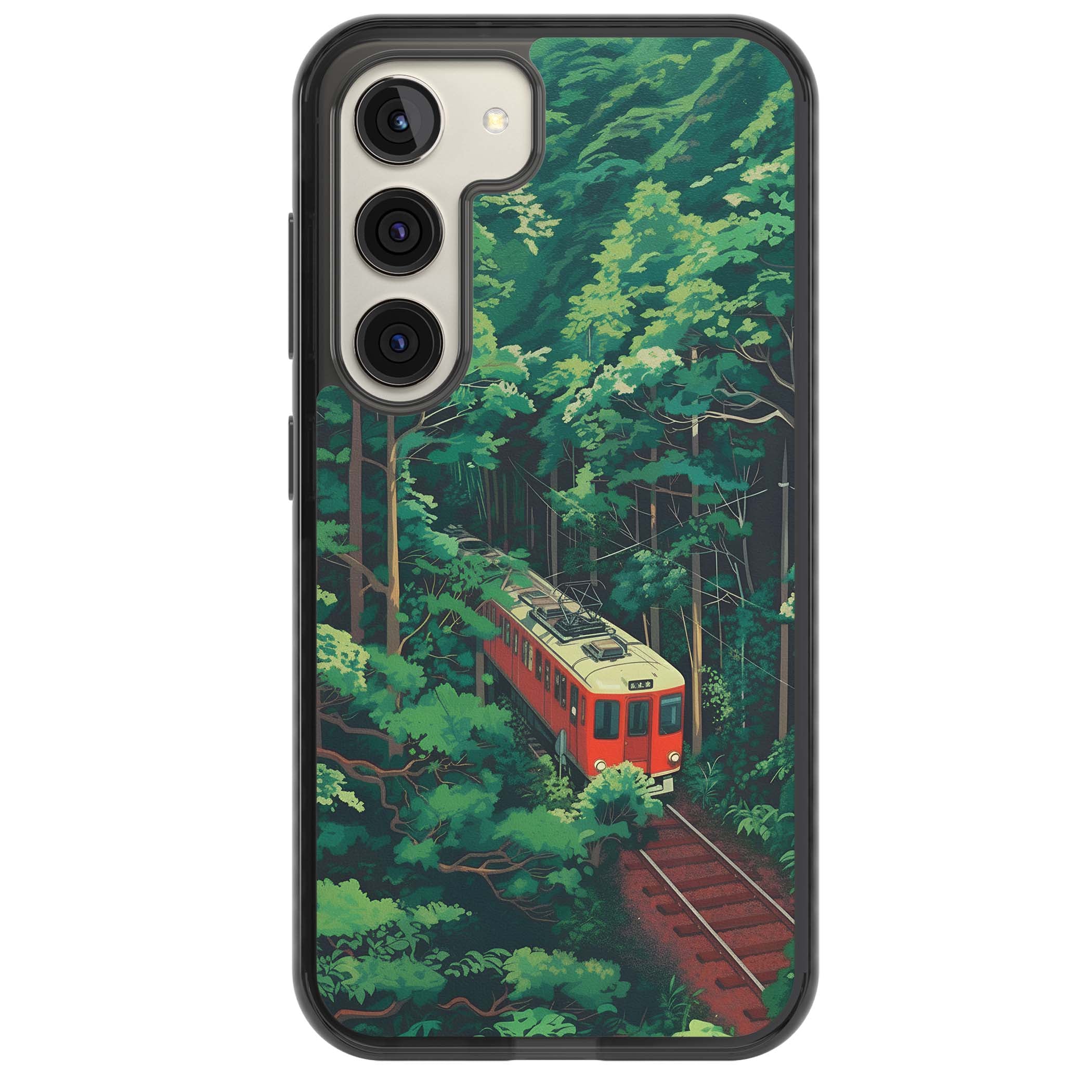Railway In Toyama Japanese iPhone case featuring a red train, cedar forest and winding mountain railway tracks | Black Impact case for Samsung Galaxy S24, Samsung Galaxy S23, Samsung Galaxy S22
