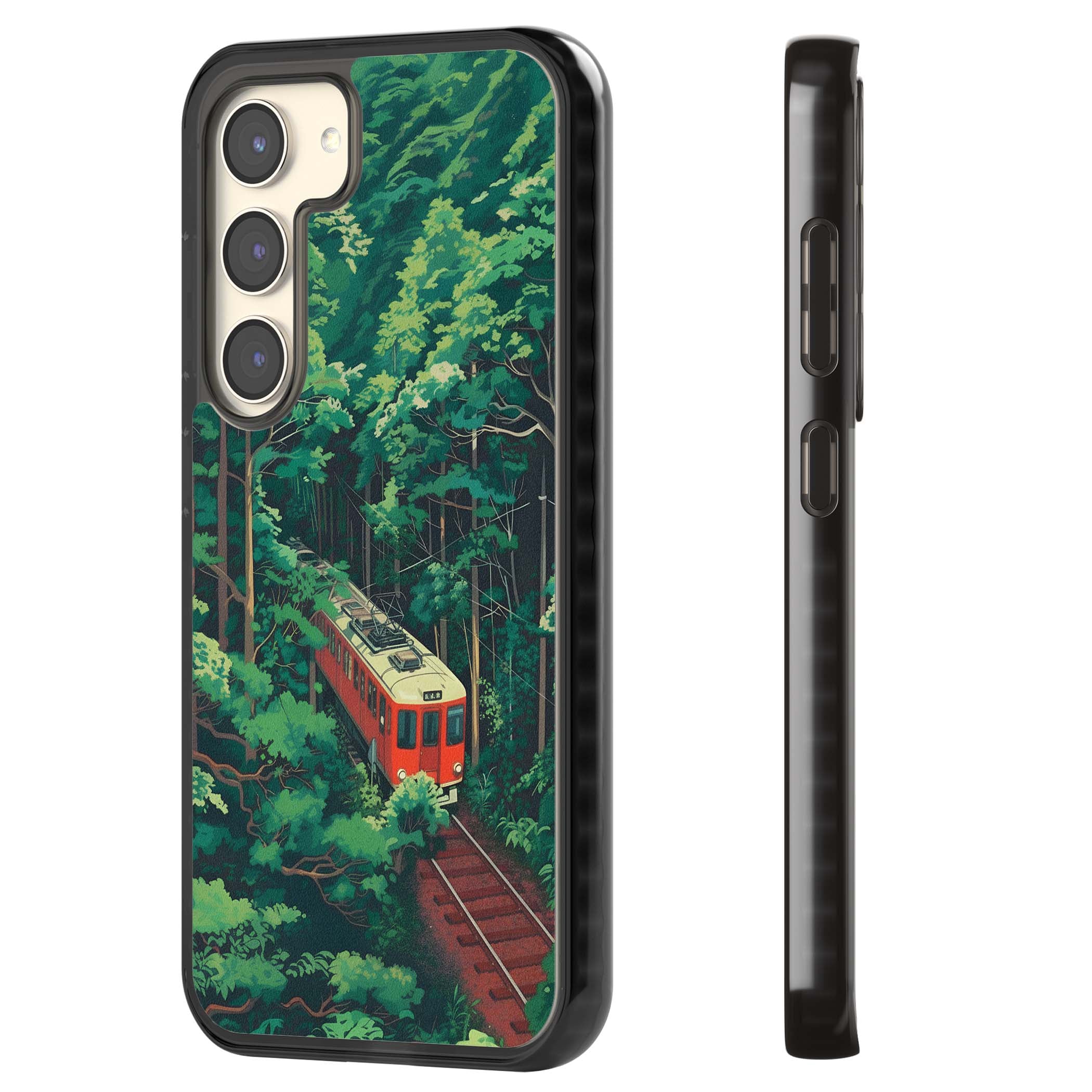 Railway In Toyama Japanese iPhone case featuring a red train, cedar forest and winding mountain railway tracks | Black Impact case for Samsung Galaxy S24, Samsung Galaxy S23, Samsung Galaxy S22