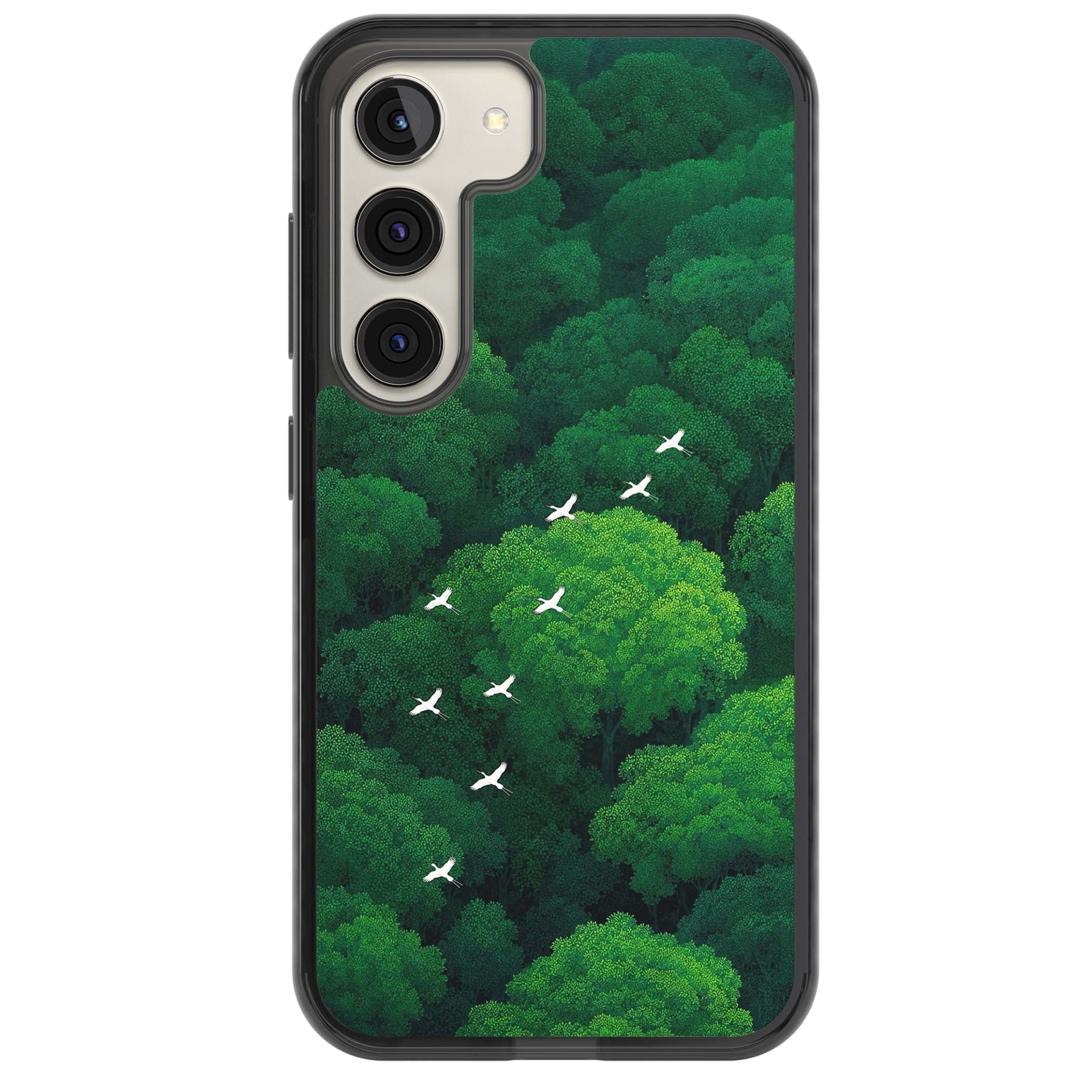 Grove Migration forest iPhone case featuring white cranes flying over lush green treetop canopy | Black Impact case for Samsung Galaxy S24, Samsung Galaxy S23, Samsung Galaxy S22