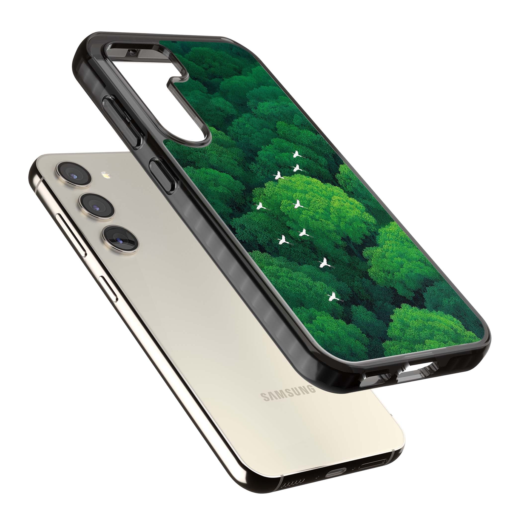 Grove Migration forest iPhone case featuring white cranes flying over lush green treetop canopy | Black Impact case for Samsung Galaxy S24, Samsung Galaxy S23, Samsung Galaxy S22