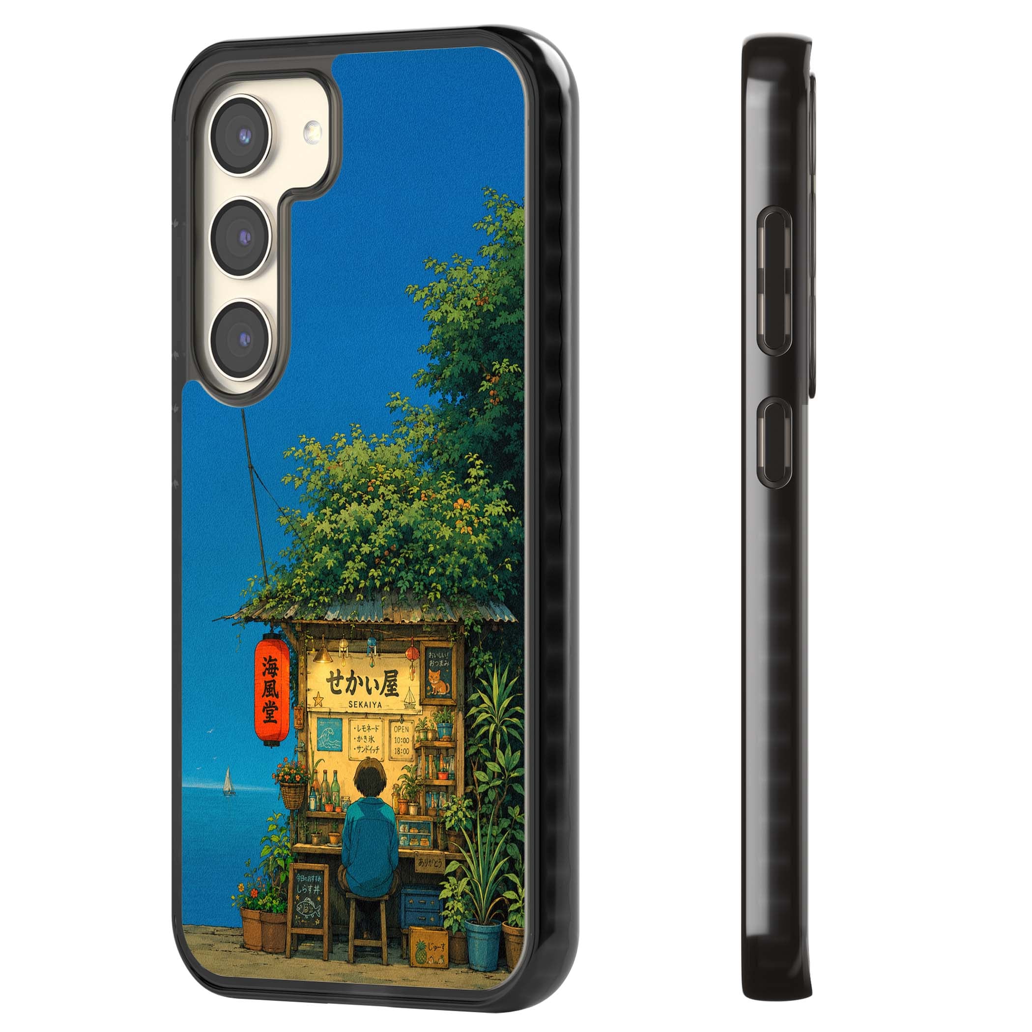 The Shirahama Kiosk anime iPhone case featuring a Japanese seaside shop, red paper lantern and ocean view | Black Impact case for Samsung Galaxy S24, Samsung Galaxy S23, Samsung Galaxy S22