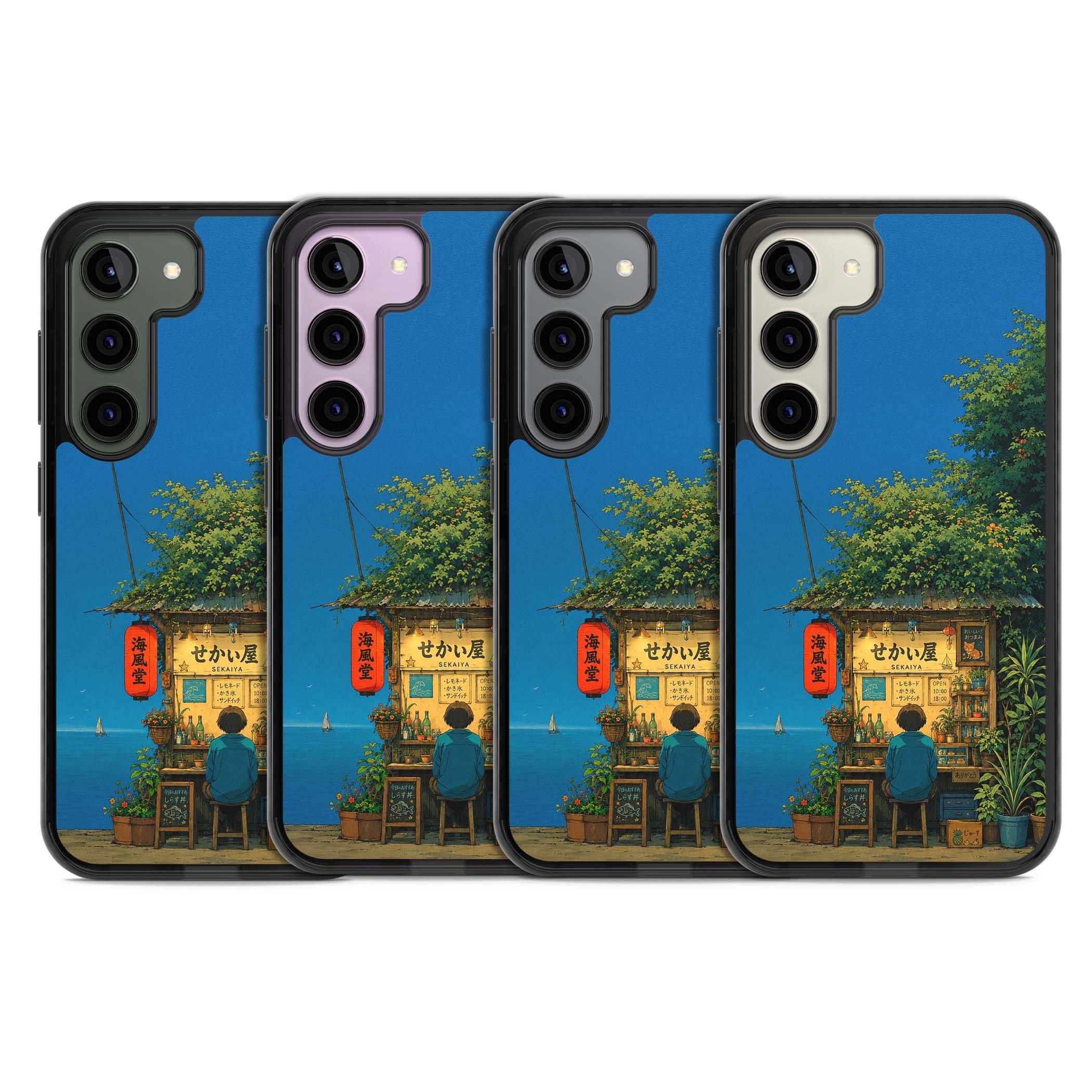 The Shirahama Kiosk anime iPhone case featuring a Japanese seaside shop, red paper lantern and ocean view | Black Impact case for Samsung Galaxy S24, Samsung Galaxy S23, Samsung Galaxy S22
