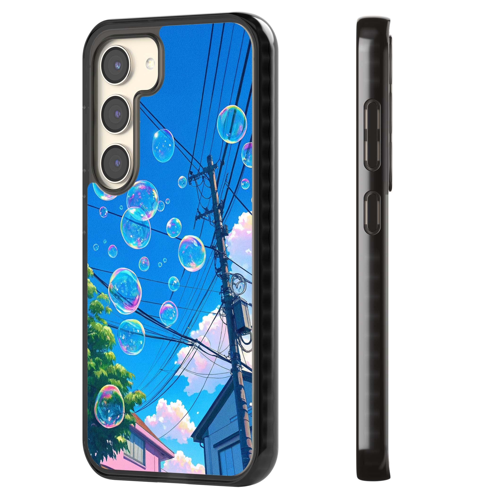 Suburban Bubbles anime iPhone case featuring iridescent soap bubbles, blue sky and Japanese telephone wires | Black Impact case for Samsung Galaxy S24, Samsung Galaxy S23, Samsung Galaxy S22