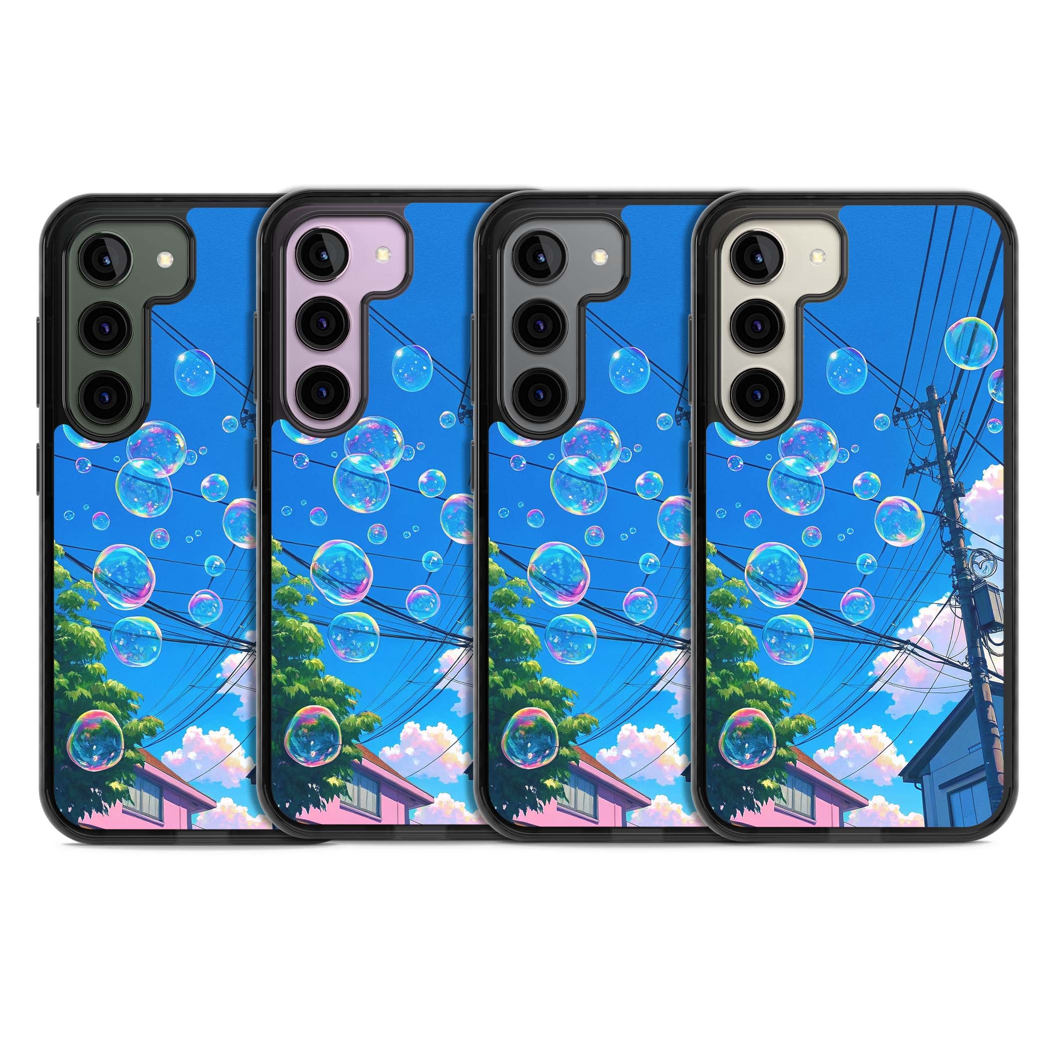 Suburban Bubbles anime iPhone case featuring iridescent soap bubbles, blue sky and Japanese telephone wires | Black Impact case for Samsung Galaxy S24, Samsung Galaxy S23, Samsung Galaxy S22