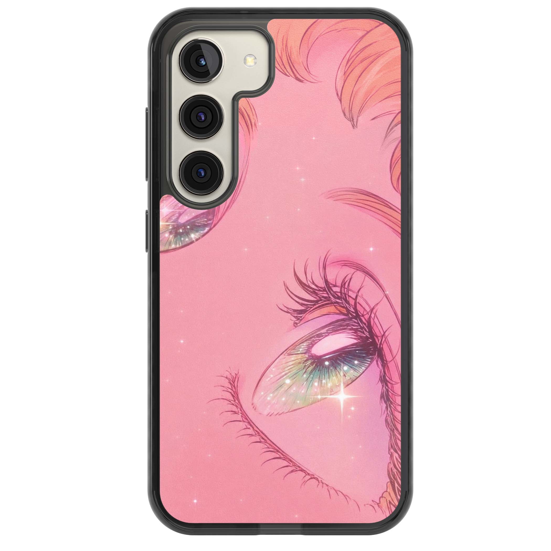 Pink Ethereal Gaze anime iPhone case featuring sparkling manga eyes, coral lashes and dreamy peach sky | Black Impact case for Samsung Galaxy S24, Samsung Galaxy S23, Samsung Galaxy S22