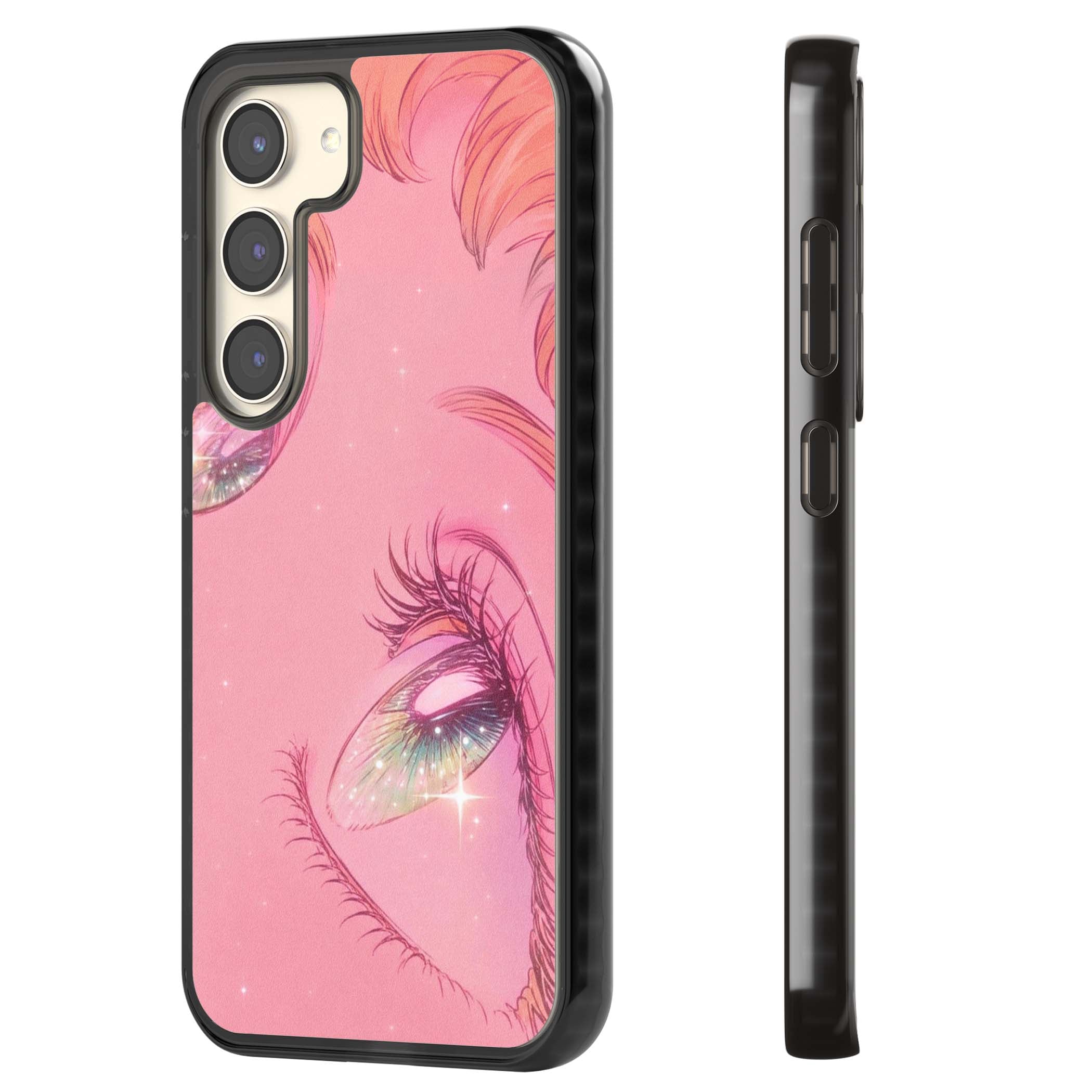 Pink Ethereal Gaze anime iPhone case featuring sparkling manga eyes, coral lashes and dreamy peach sky | Black Impact case for Samsung Galaxy S24, Samsung Galaxy S23, Samsung Galaxy S22