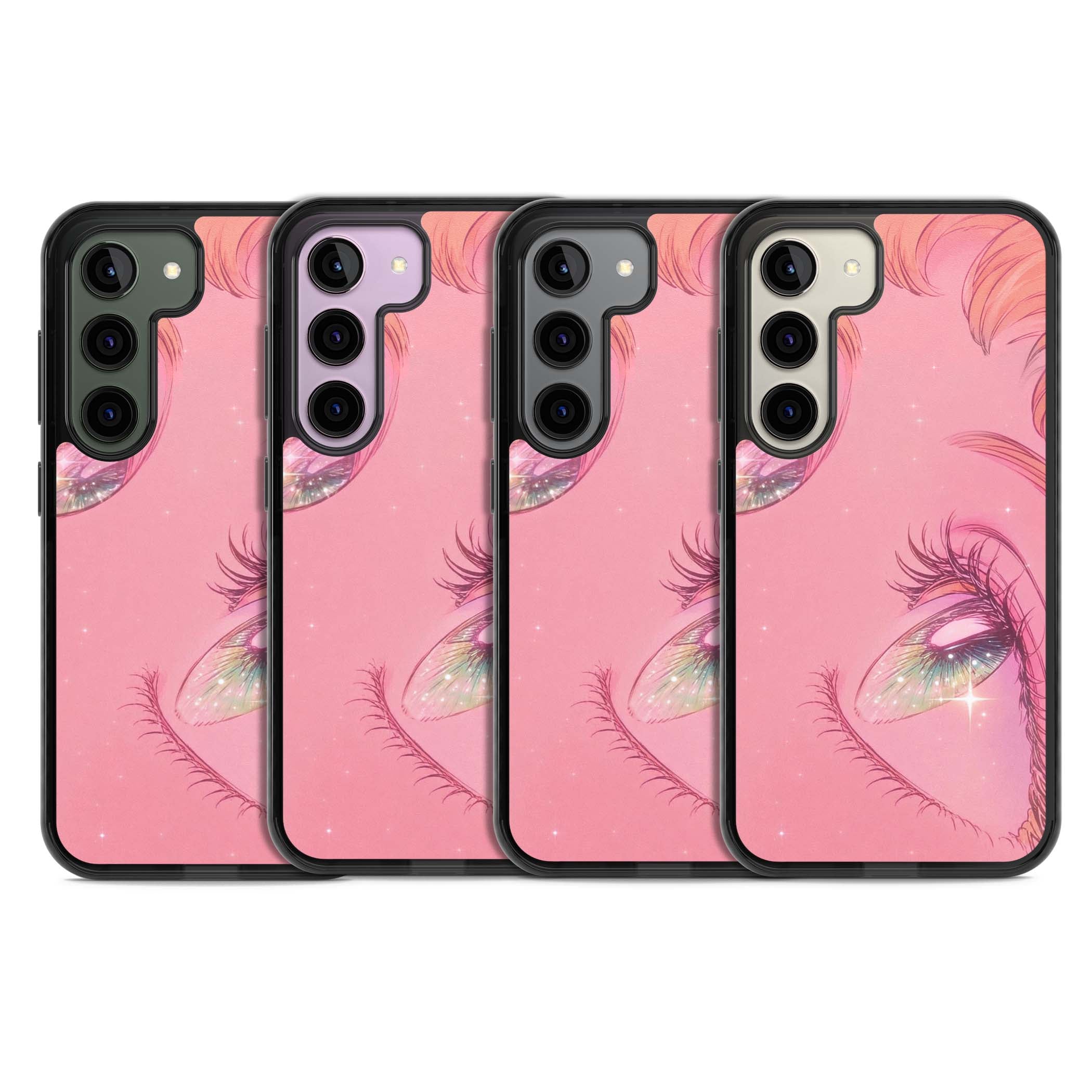Pink Ethereal Gaze anime iPhone case featuring sparkling manga eyes, coral lashes and dreamy peach sky | Black Impact case for Samsung Galaxy S24, Samsung Galaxy S23, Samsung Galaxy S22
