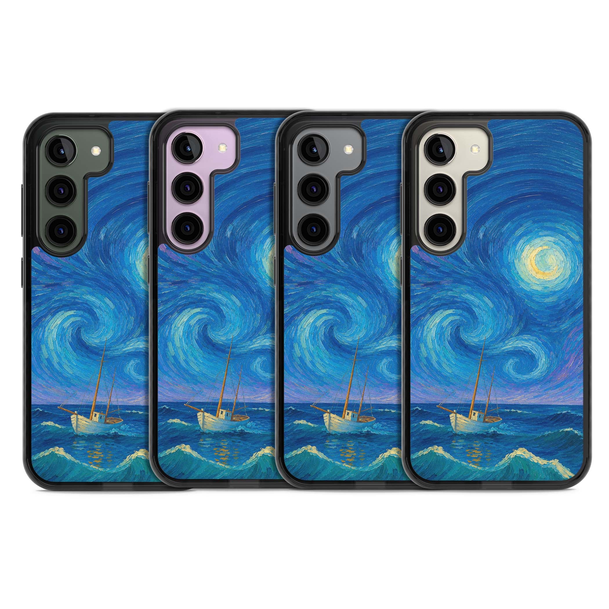 Moonlit Tide Van Gogh art iPhone case featuring swirling starry night sky, glowing moon and lone sailing boat at sea | Black Impact case for Samsung Galaxy S24, Samsung Galaxy S23, Samsung Galaxy S22