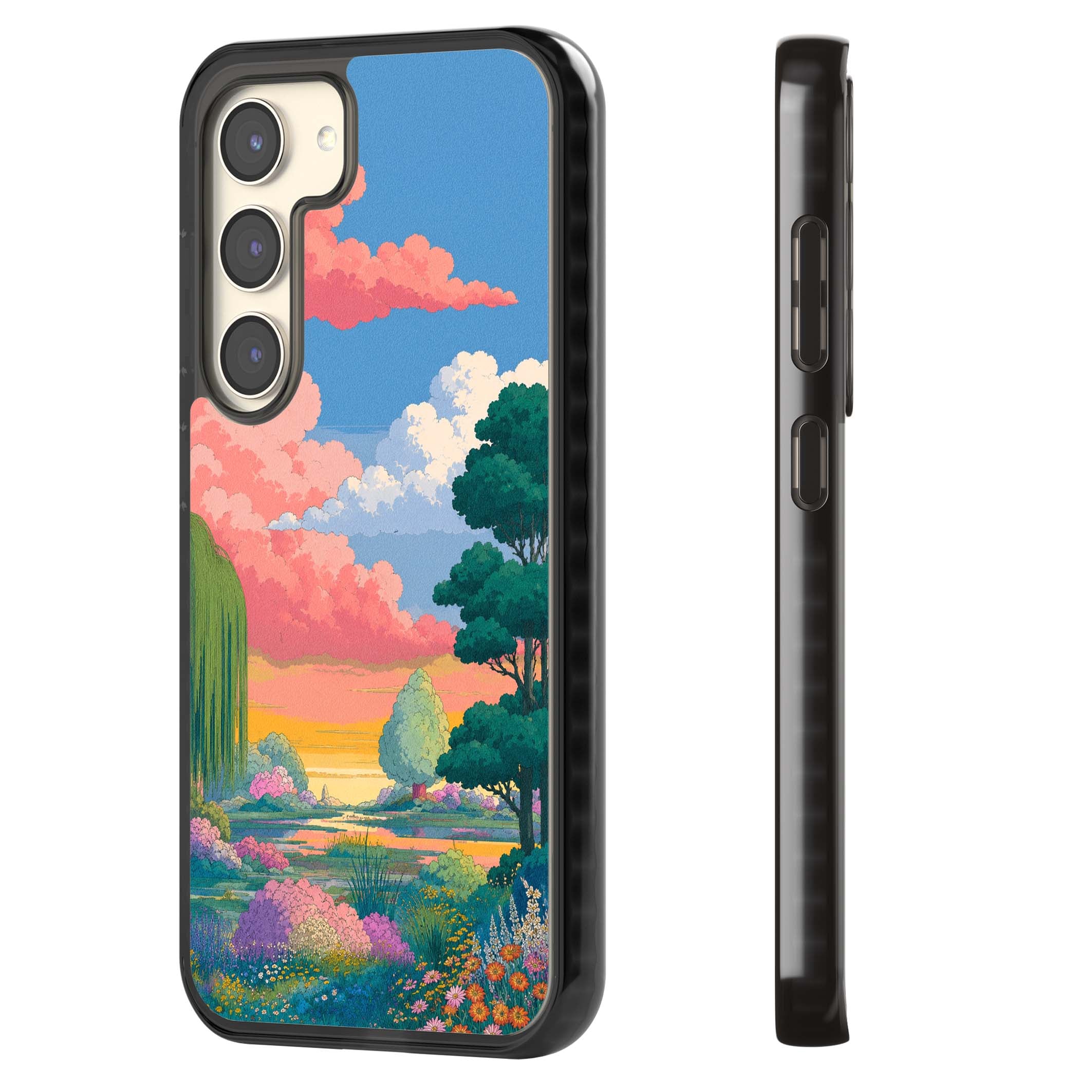 Dream Valley anime landscape iPhone case featuring pink sunset clouds, willow trees and wildflowers | Black Impact case for Samsung Galaxy S24, Samsung Galaxy S23, Samsung Galaxy S22