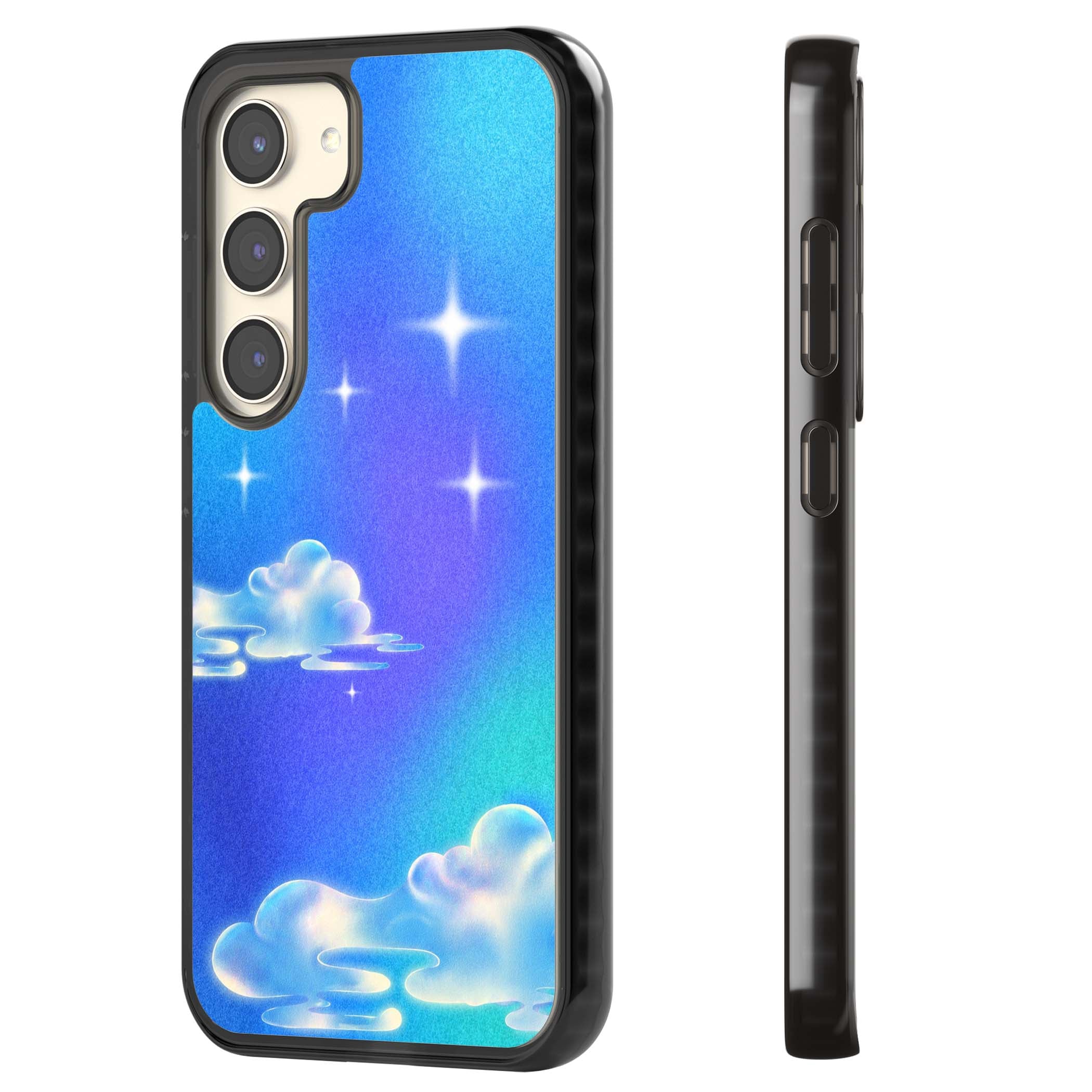 Aurora celestial iPhone case featuring dreamy iridescent clouds, sparkling stars and pastel blue purple sky | Black Impact case for Samsung Galaxy S24, Samsung Galaxy S23, Samsung Galaxy S22