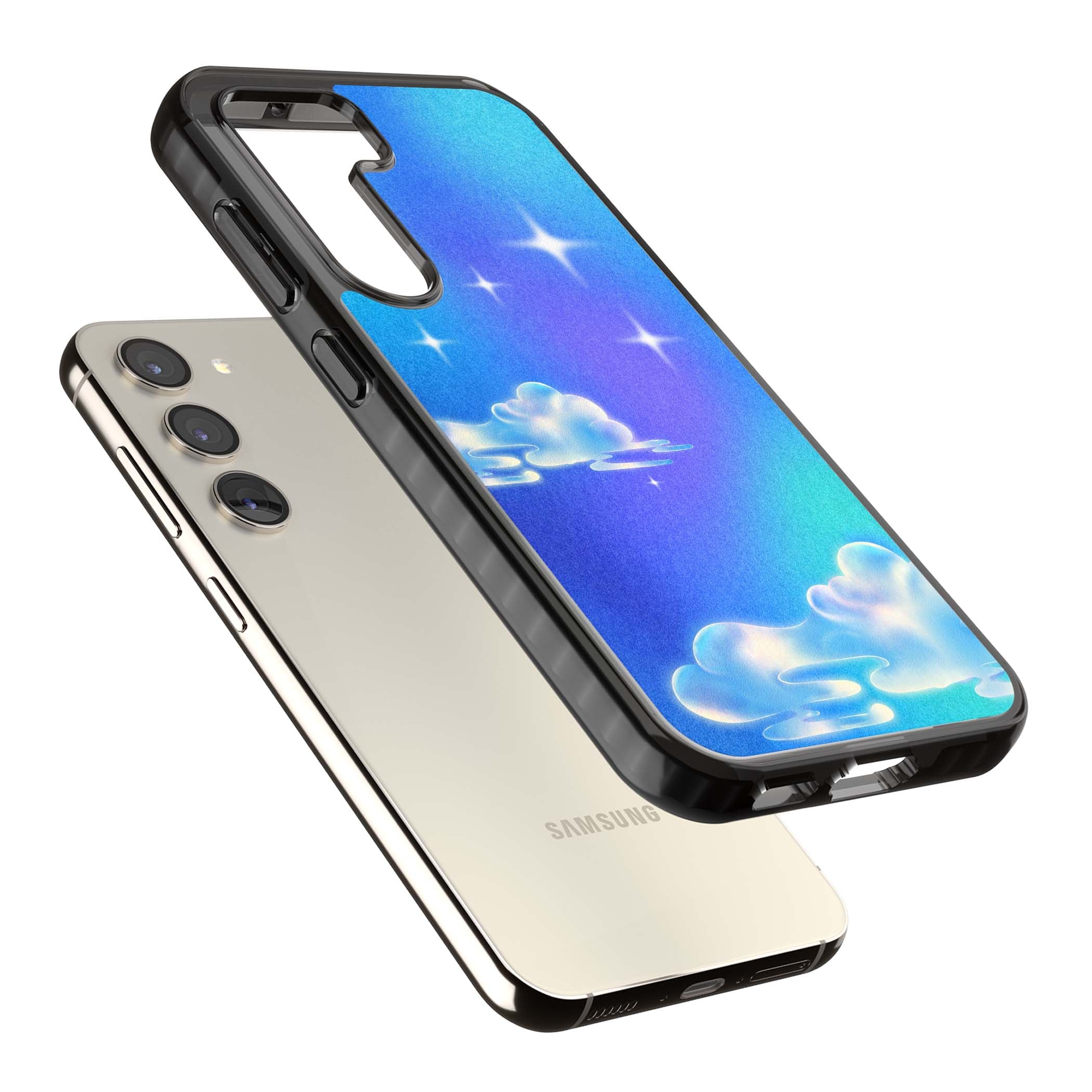 Aurora celestial iPhone case featuring dreamy iridescent clouds, sparkling stars and pastel blue purple sky | Black Impact case for Samsung Galaxy S24, Samsung Galaxy S23, Samsung Galaxy S22