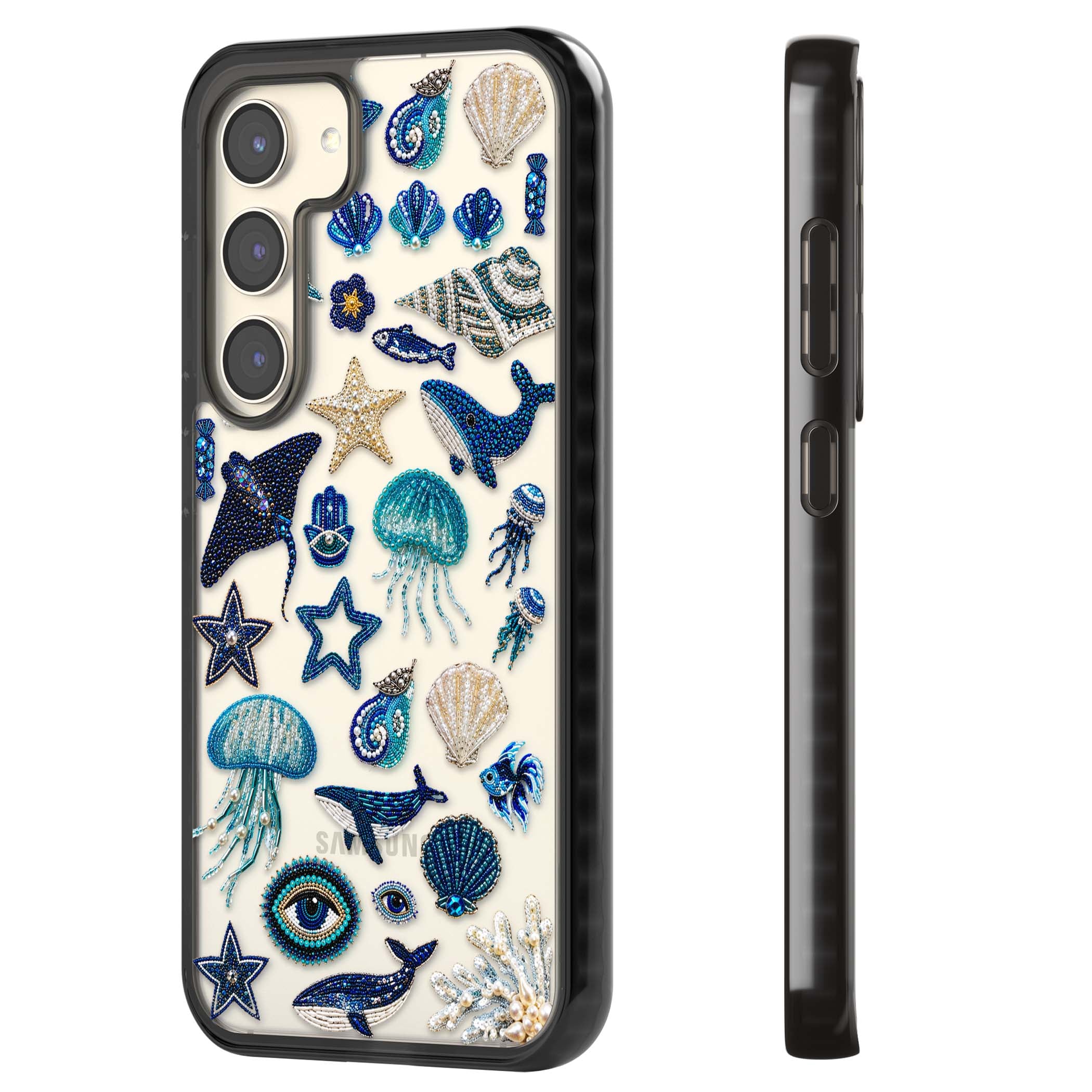 Beaded Coastal coastal iPhone case featuring embroidered seashells, jellyfish and a blue whale on clear | Black Impact case for Samsung Galaxy S24, Samsung Galaxy S23, Samsung Galaxy S22