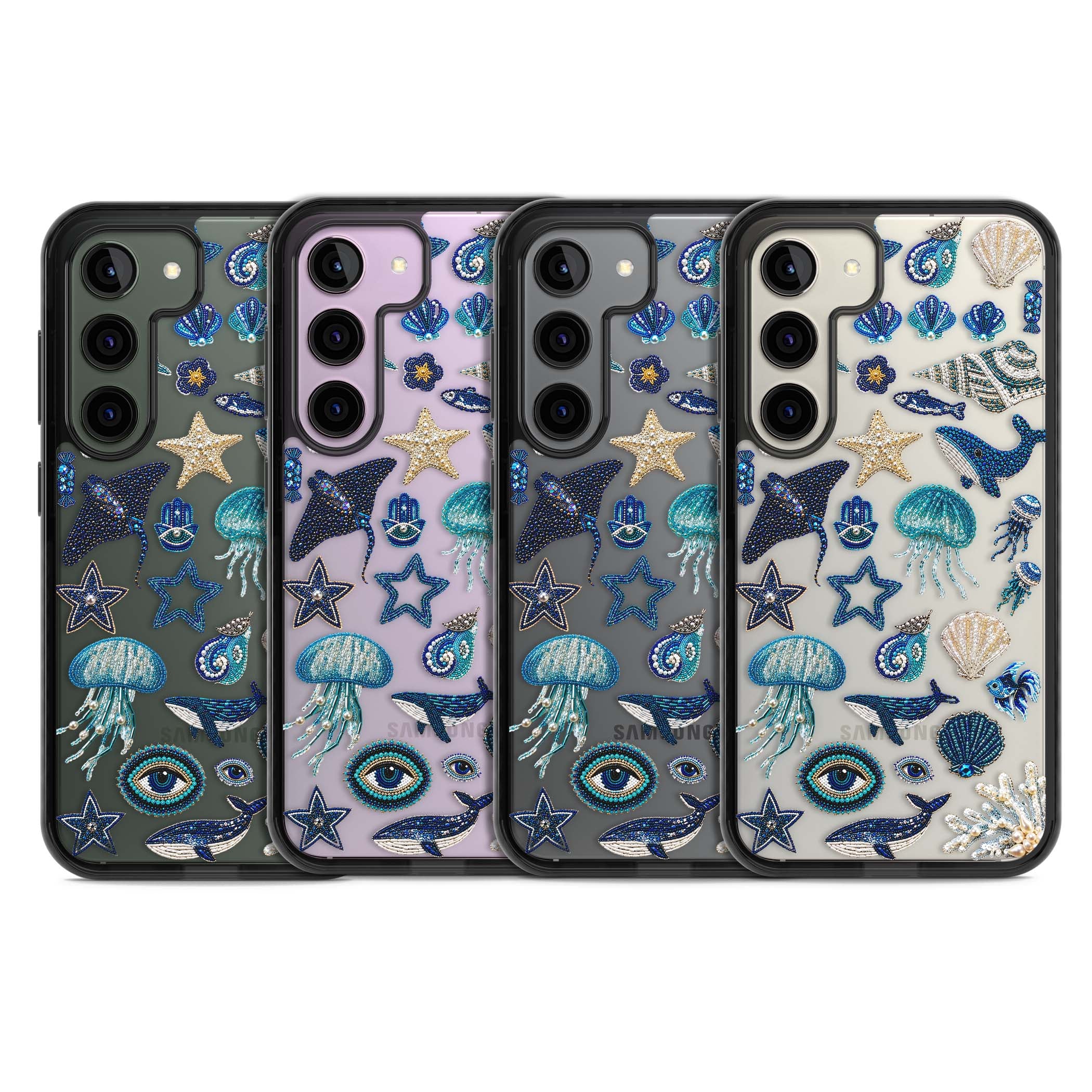 Beaded Coastal coastal iPhone case featuring embroidered seashells, jellyfish and a blue whale on clear | Black Impact case for Samsung Galaxy S24, Samsung Galaxy S23, Samsung Galaxy S22