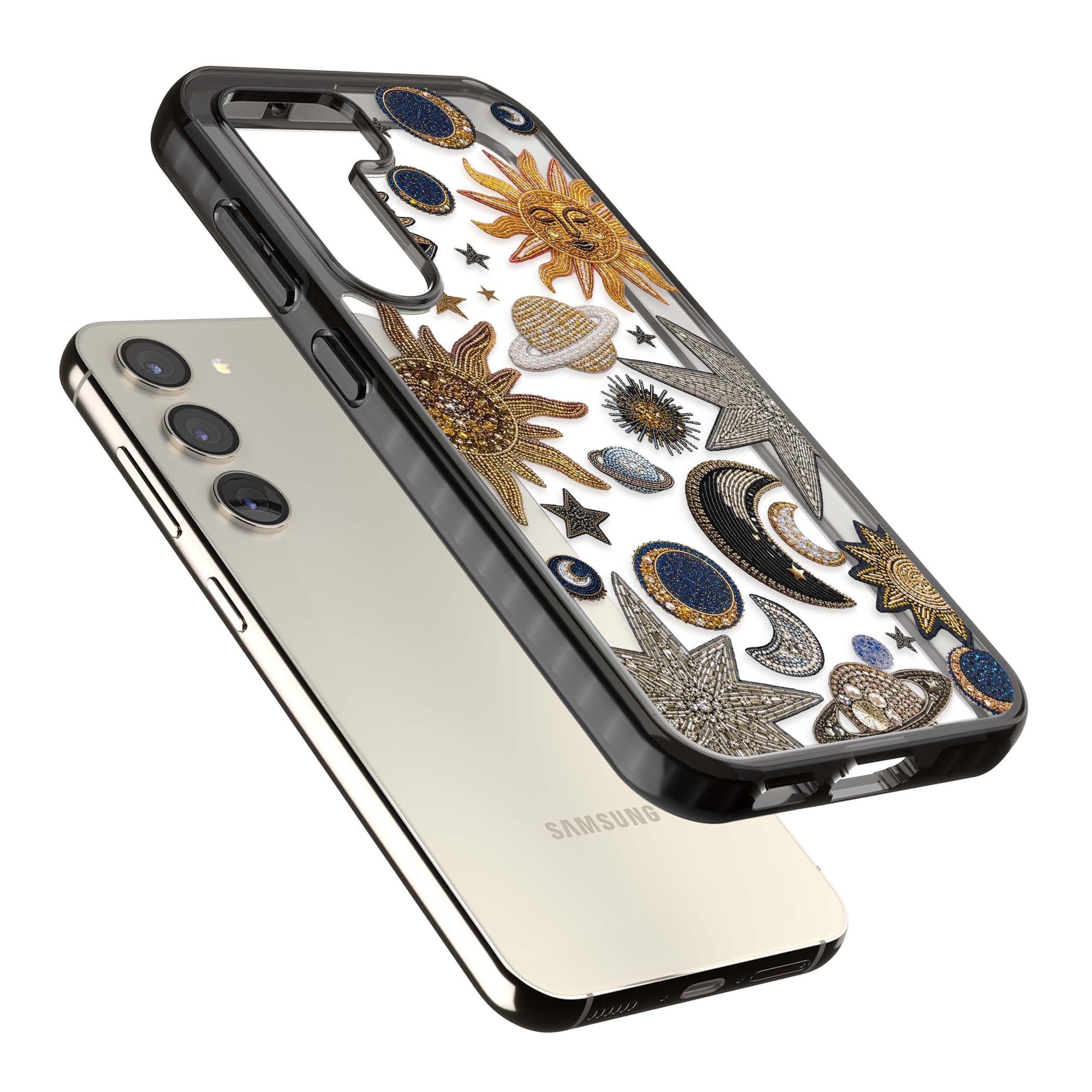 Beaded Cosmos celestial iPhone case featuring embroidered golden suns, beaded planets and silver shooting stars | Black Impact case for Samsung Galaxy S24, Samsung Galaxy S23, Samsung Galaxy S22