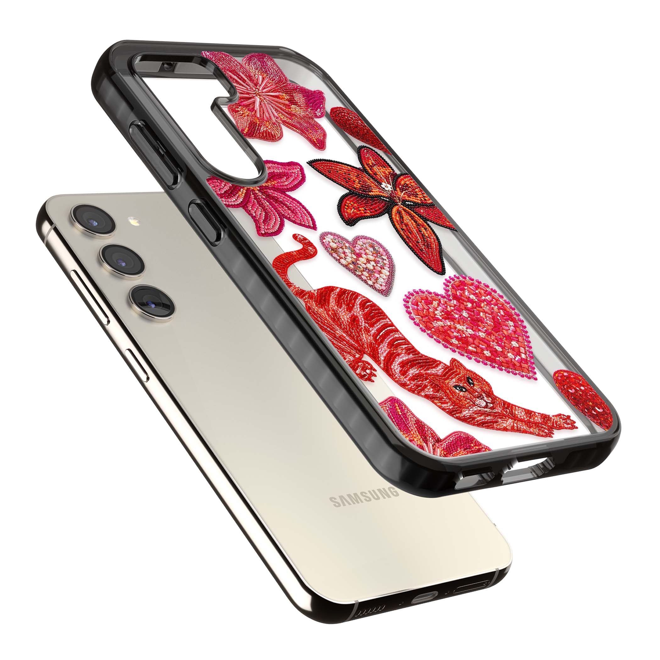 Beaded Boho floral iPhone case featuring beaded red lilies, a stitched tiger, and pearl-encrusted hearts on clear | Black Impact case for Samsung Galaxy S24, Samsung Galaxy S23, Samsung Galaxy S22