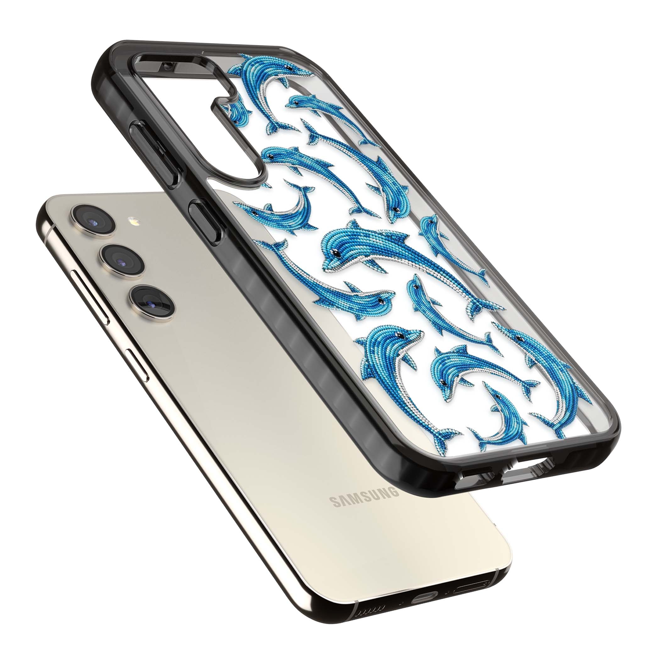Beaded Dolphins coastal iPhone case featuring beaded dolphins in blue and white swimming across a clear background | Black Impact case for Samsung Galaxy S24, Samsung Galaxy S23, Samsung Galaxy S22