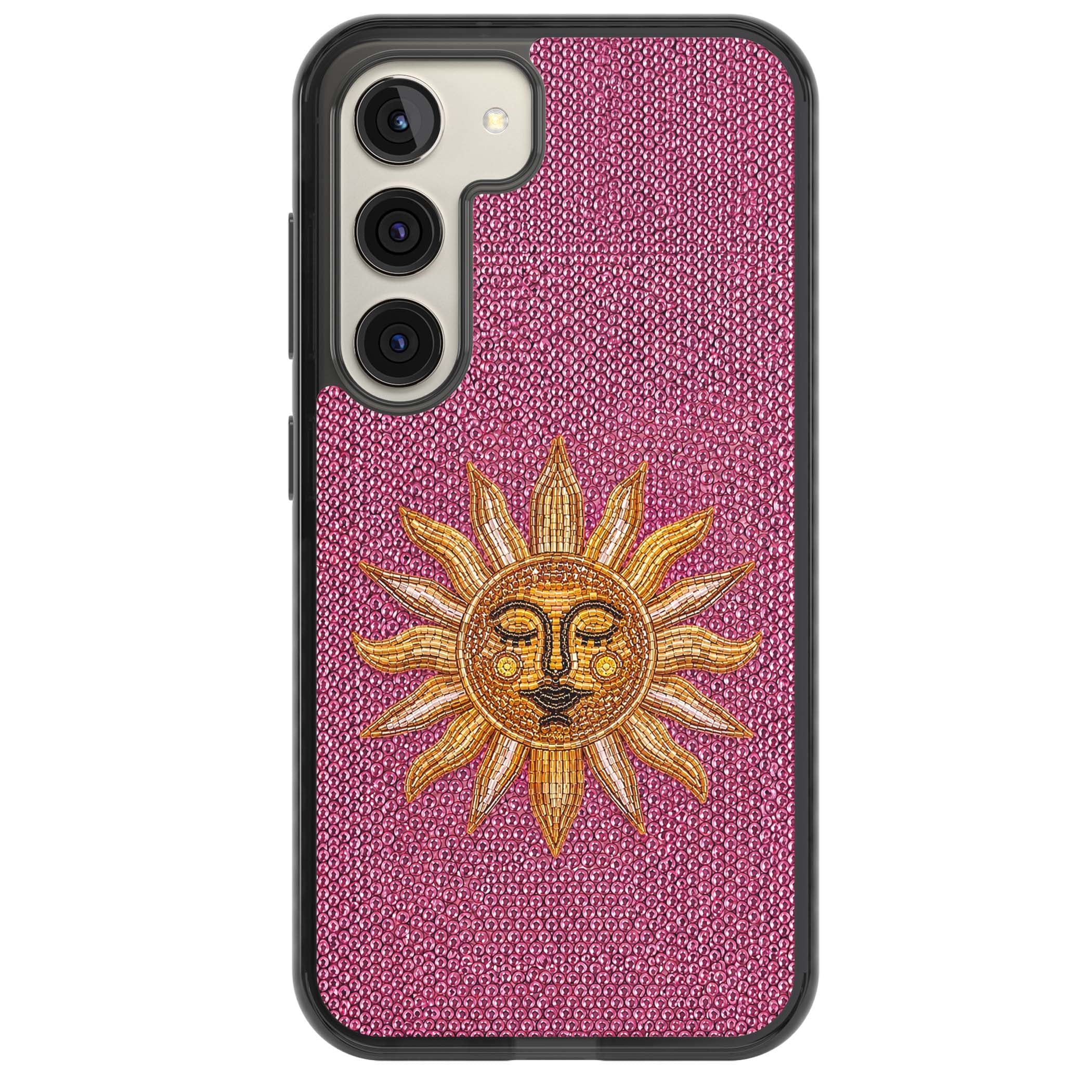 Beaded Sun celestial iPhone case featuring a golden beaded sun face with radiant rays on hot pink beaded background | Black Impact case for Samsung Galaxy S24, Samsung Galaxy S23, Samsung Galaxy S22