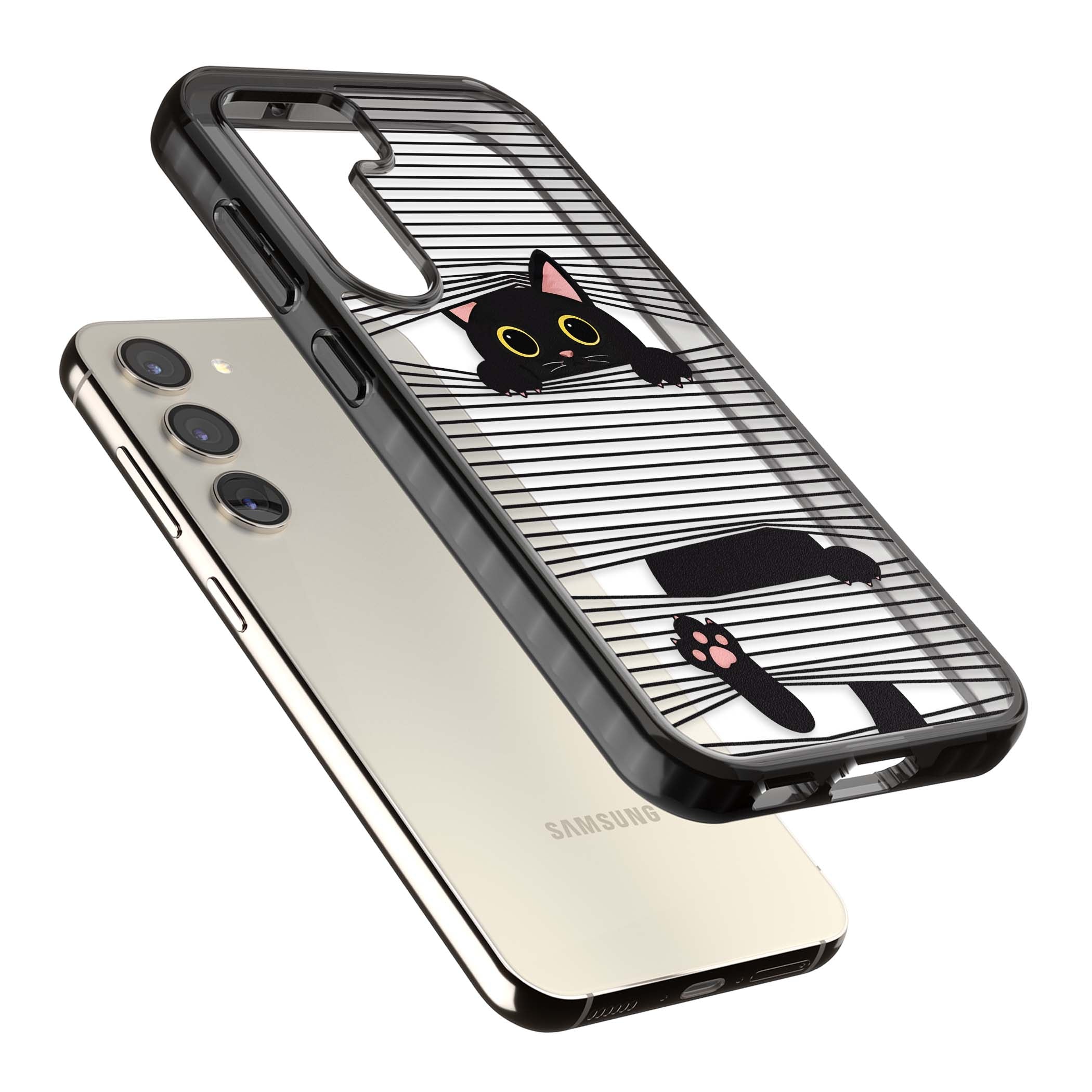 Peek-a-Boo Cat minimal iPhone case featuring black cat peeking through horizontal black and white stripes | Black Impact case for Samsung Galaxy S24, Samsung Galaxy S23, Samsung Galaxy S22