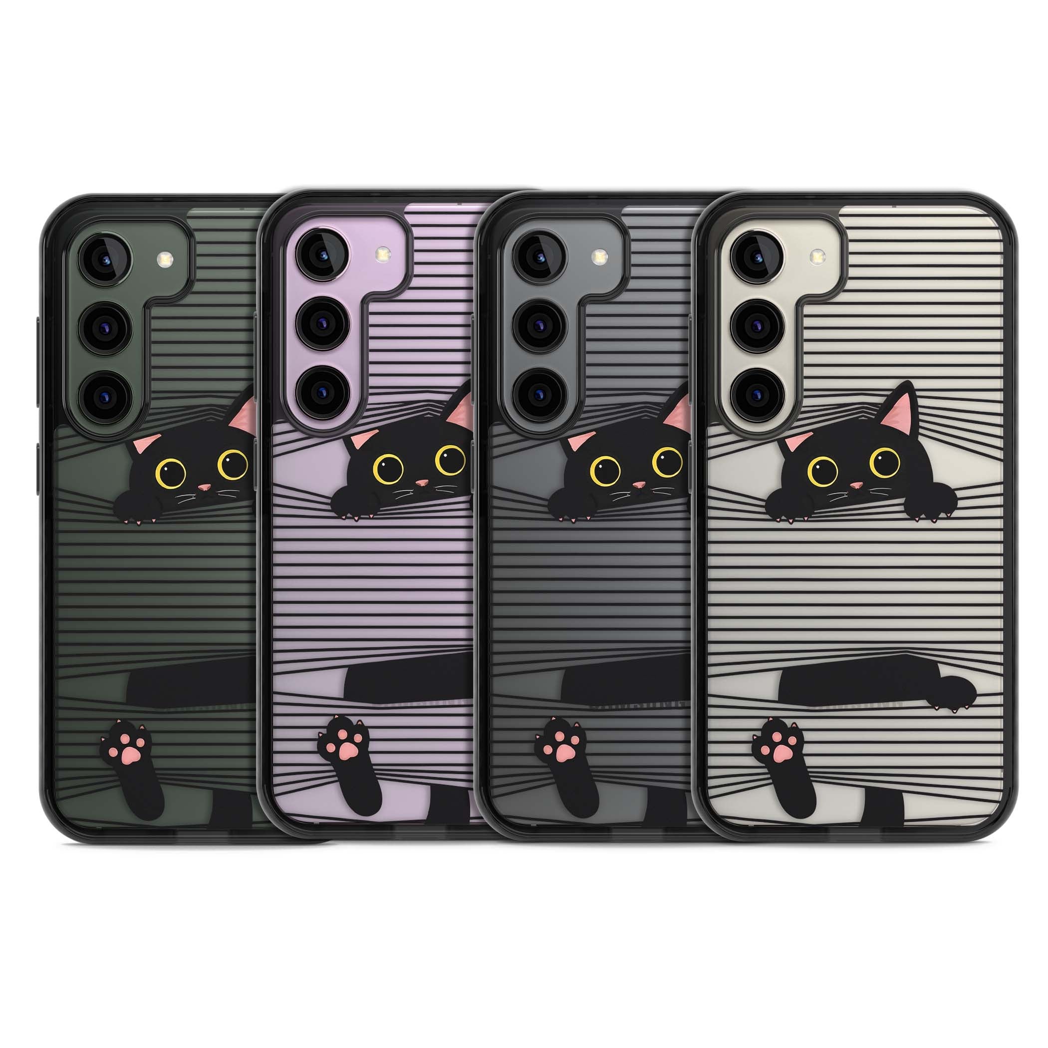 Peek-a-Boo Cat minimal iPhone case featuring black cat peeking through horizontal black and white stripes | Black Impact case for Samsung Galaxy S24, Samsung Galaxy S23, Samsung Galaxy S22