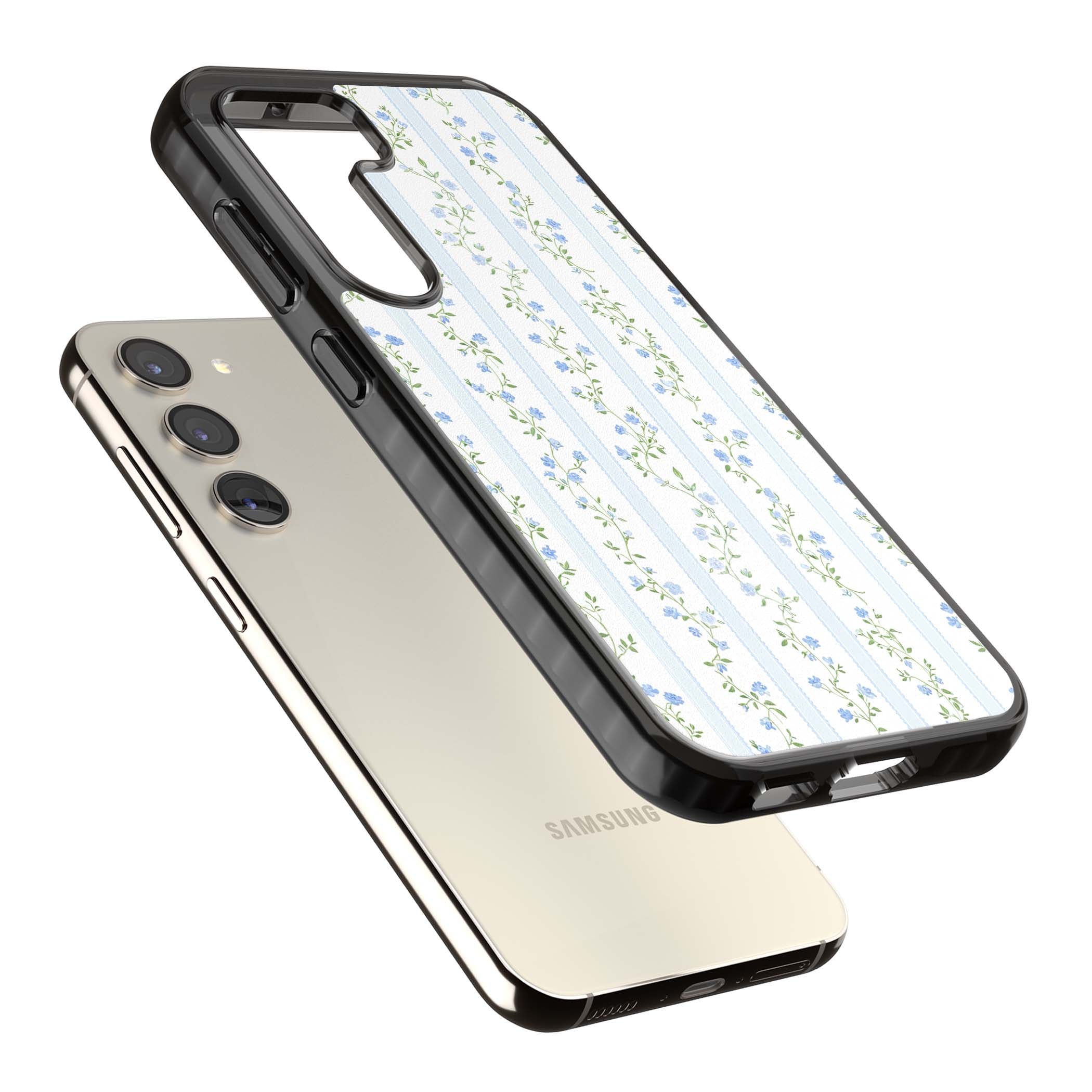 Bluebell Vine cottagecore iPhone case featuring climbing blue roses, trailing green vines, and pale ticking stripes | Black Impact case for Samsung Galaxy S24, Samsung Galaxy S23, Samsung Galaxy S22