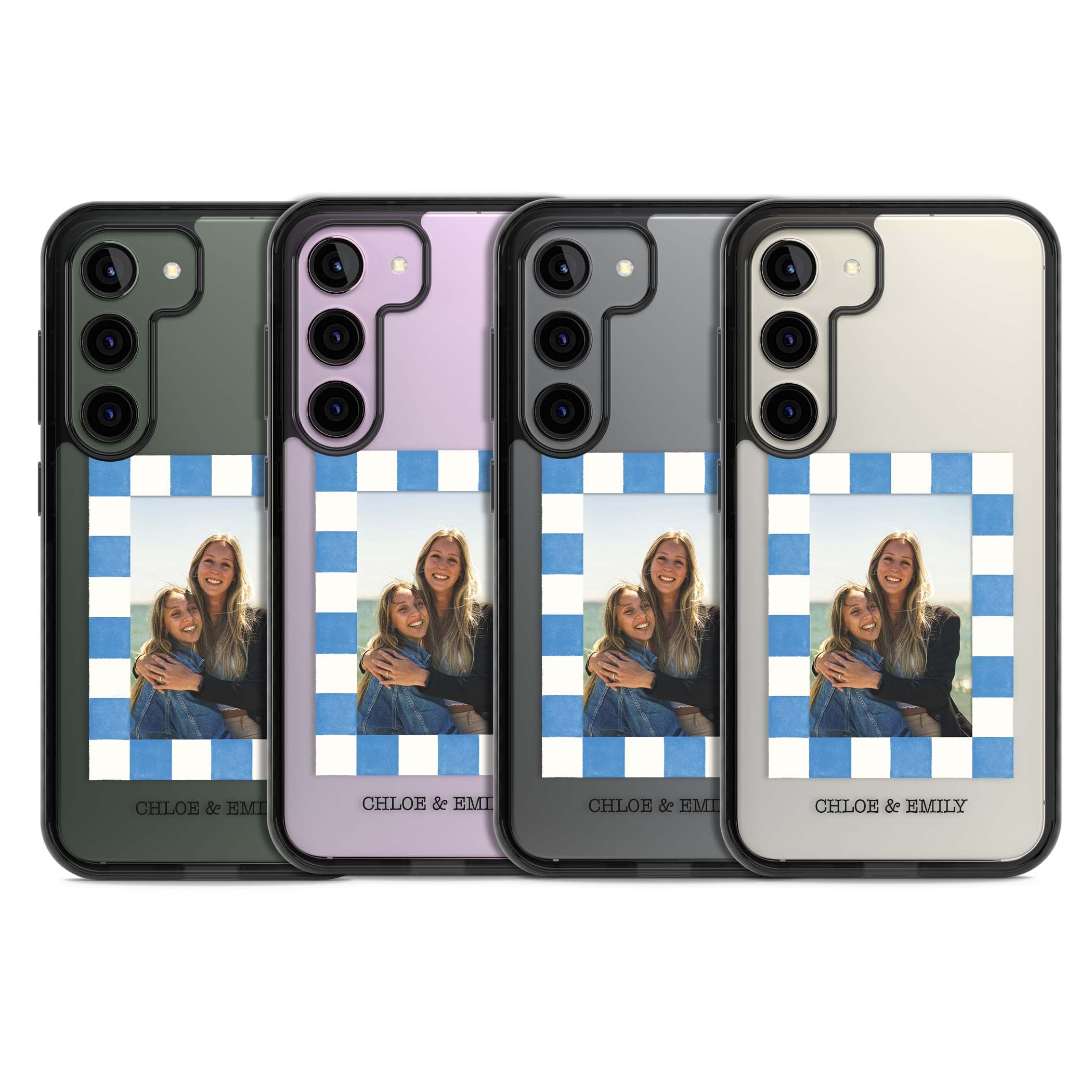 Blue Check Photo personalised photo iPhone case with blue checkered frame and custom couple names | Black Impact case for Samsung Galaxy S24, Samsung Galaxy S23, Samsung Galaxy S22