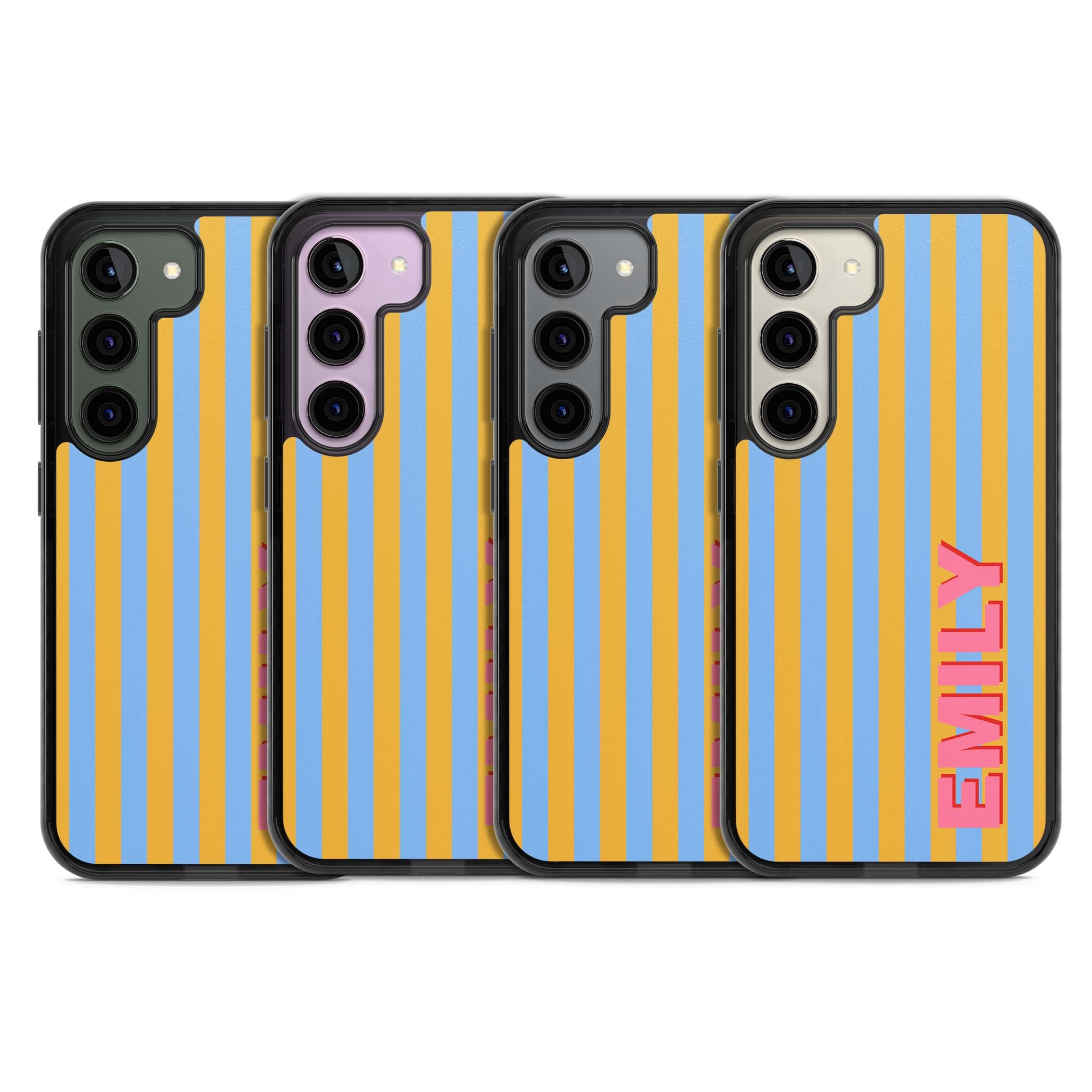 Carribean Stripe personalised coastal iPhone case with yellow and blue vertical stripes and a custom pink name | Black Impact case for Samsung Galaxy S24, Samsung Galaxy S23, Samsung Galaxy S22