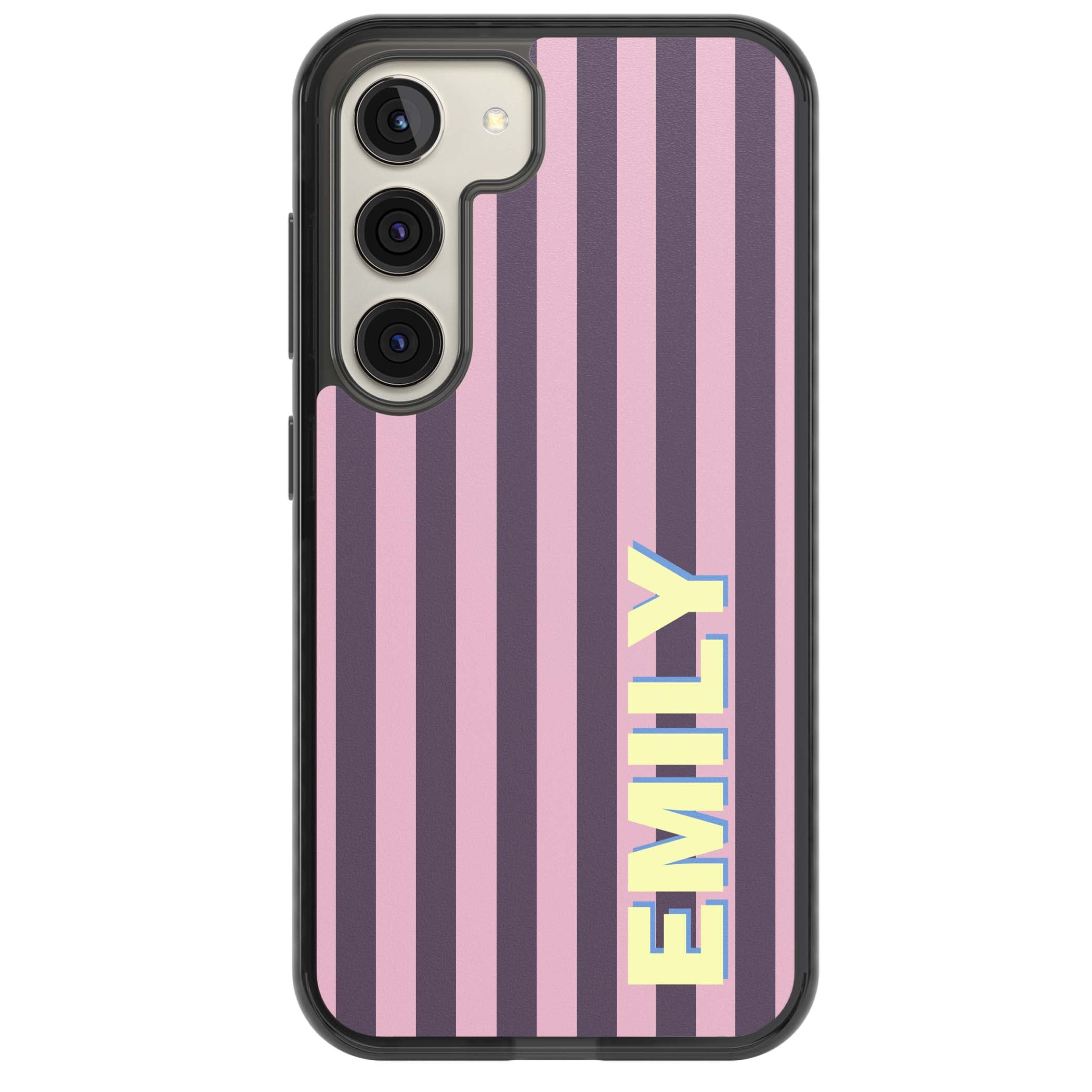 Tyre Stripe personalised stripe iPhone case with plum and pink vertical stripes and custom yellow name | Black Impact case for Samsung Galaxy S24, Samsung Galaxy S23, Samsung Galaxy S22