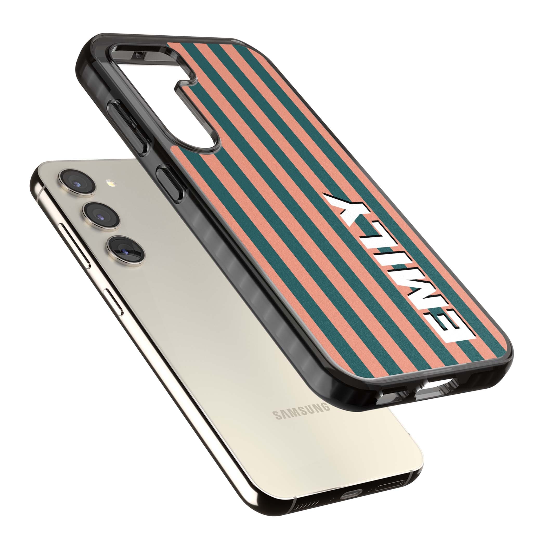 Tuscan Stripe personalised iPhone case featuring coral and green vertical stripes with bold custom name | Black Impact case for Samsung Galaxy S24, Samsung Galaxy S23, Samsung Galaxy S22
