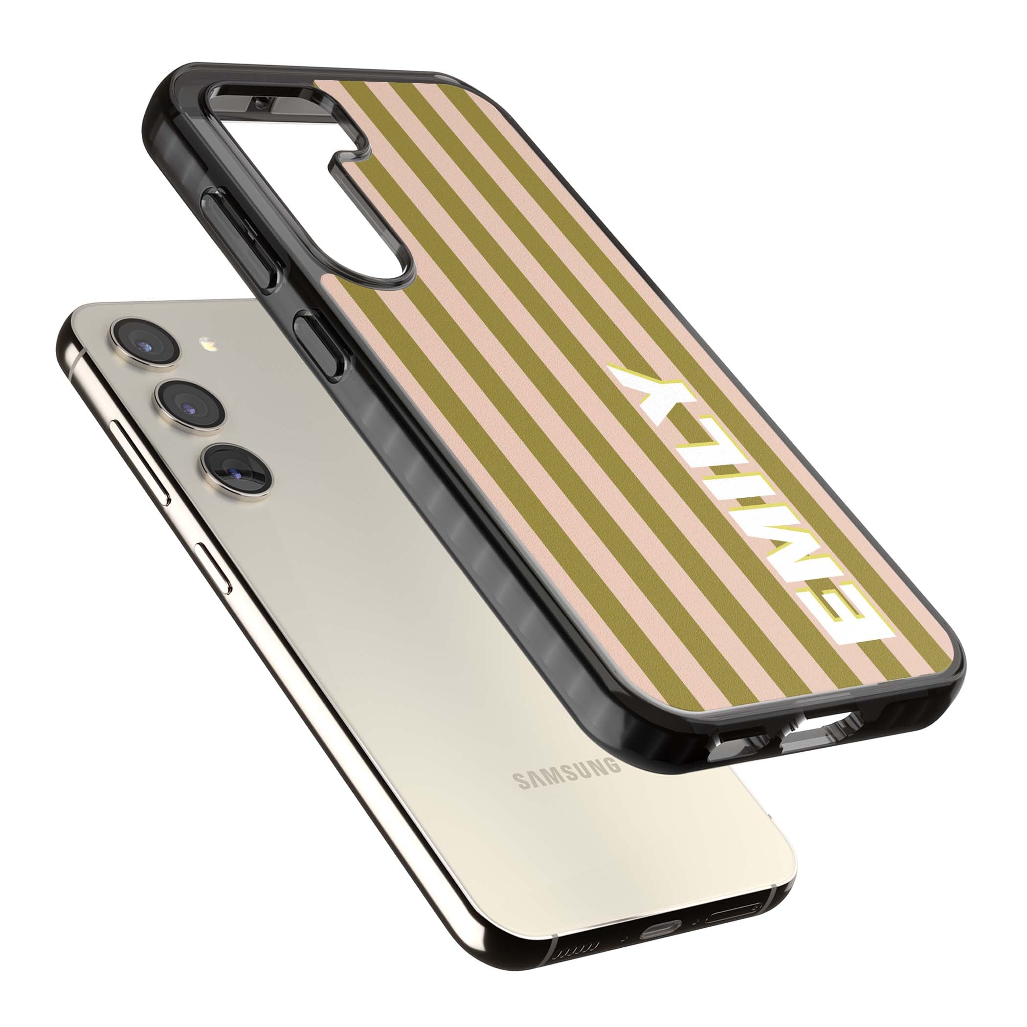 Indian Stripe personalised iPhone case featuring olive green and blush pink vertical stripes with custom name in whit | Black Impact case for Samsung Galaxy S24, Samsung Galaxy S23, Samsung Galaxy S22
