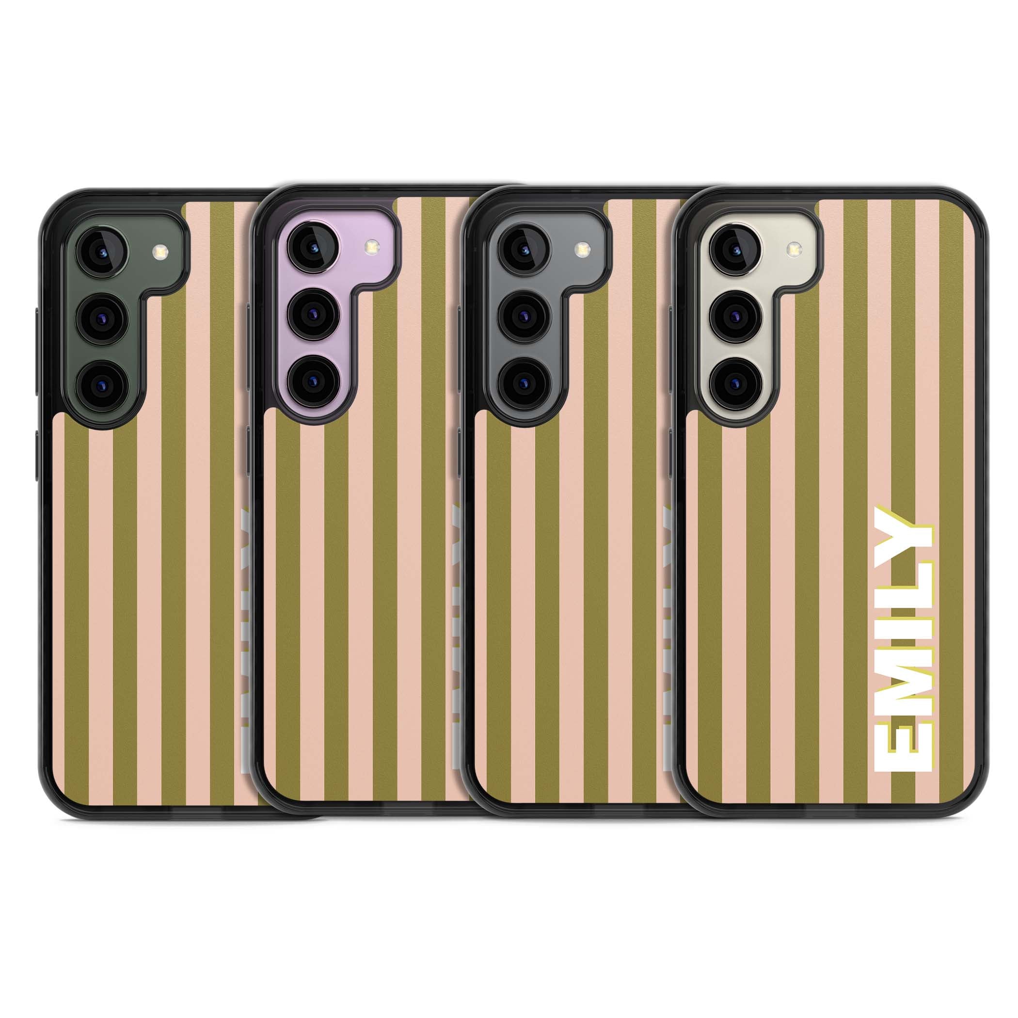 Indian Stripe personalised iPhone case featuring olive green and blush pink vertical stripes with custom name in whit | Black Impact case for Samsung Galaxy S24, Samsung Galaxy S23, Samsung Galaxy S22